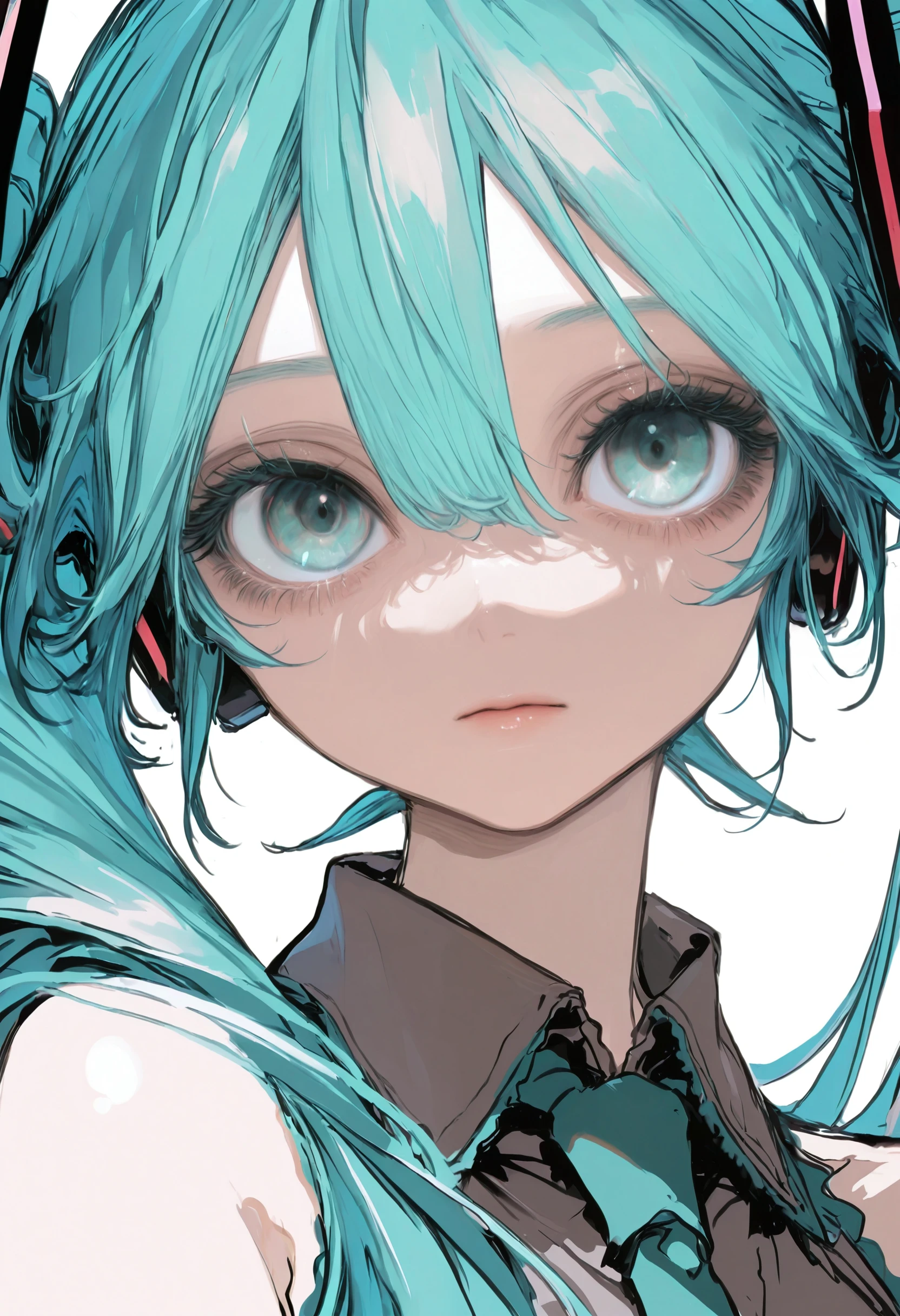 <lora:kota-illustriousXL_v01_V3-CAME>, hatsune miku, 1girl, solo, twintails, white background, looking at viewer, simple background, long hair, shirt, portrait, aqua hair, grey shirt, closed mouth, necktie, aqua eyes, sleeveless, sketch, aqua necktie, collared shirt, blue eyes, hair between eyes, expressionless, hair ornament, lips, close-up, sleeveless shirt, bare shoulders, blue hair, eyelashes