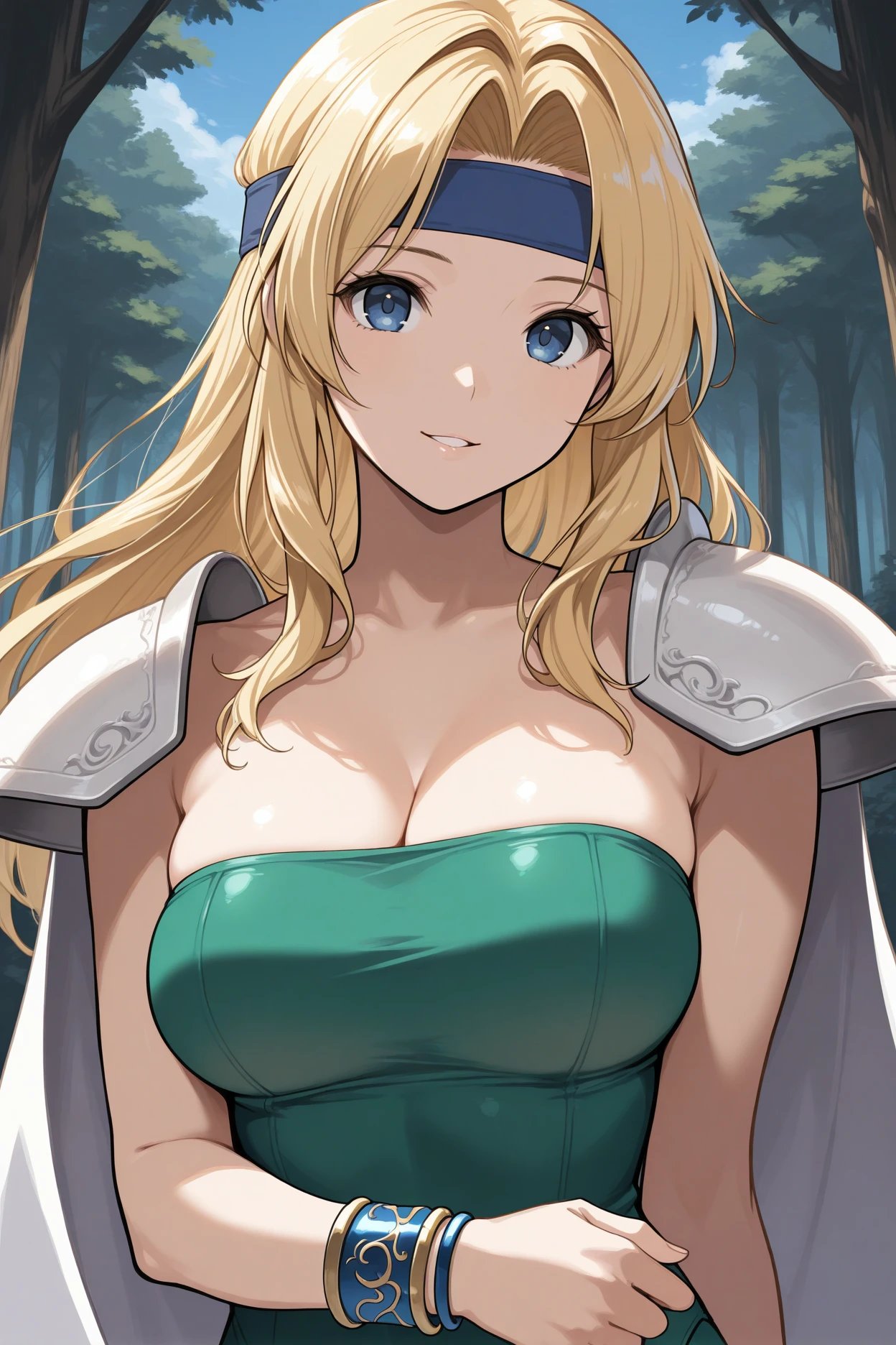 masterpiece, best quality, 1girl, solo, <lora:ffceles-illu-nvwls-v1-000006:1> ffcls, blonde hair, long hair, parted bangs, blue eyes, big breasts, blue headband, shoulder armor, white cape, strapless, green leotard, cleavage, blue bracelet, upper body, looking at viewer, smile, blue sky, forest, parted lips