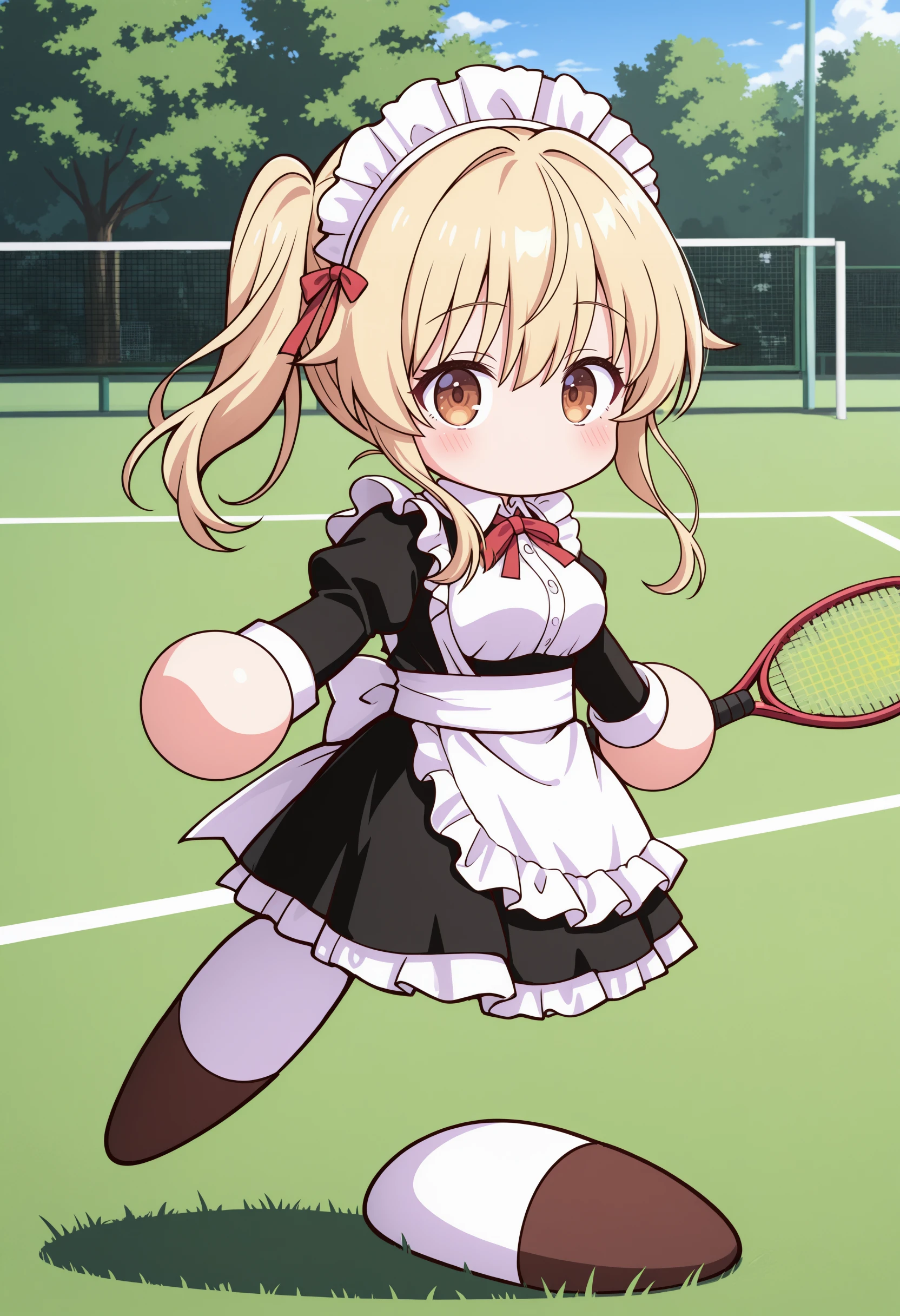1girl,(sho \(sho lwlw\):0.7),(toosaka asagi:0.5),(sincos:0.3),solo,
masterpiece, best quality, newest, absurdres, CG, anime, source anime, illustration,
maid, maid headdress,medium breasts,
pawapuro , chibi ,no mouth,blush,full body , <lora:pawapuro_Illust_v3:1.2>
from side, looking at viewer, blonde hair, brown eyes,closed eyes, tennis courts, tired hair,