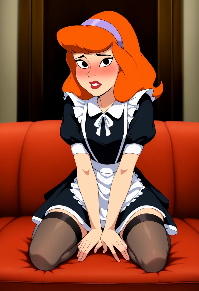 best quality, amazing quality, very aesthetic, absurdres,
1girl, daphne, hairband, orange hair, black eyes, medium hair,
red lips,
blush, embarrassed,
black dress, maid uniform, maid, maid outfit, kneeling, stockings,
looking at viewer, solo, indoors, bedroom background, <lora:DaphneBlakeNoobXL_byKonan:1>