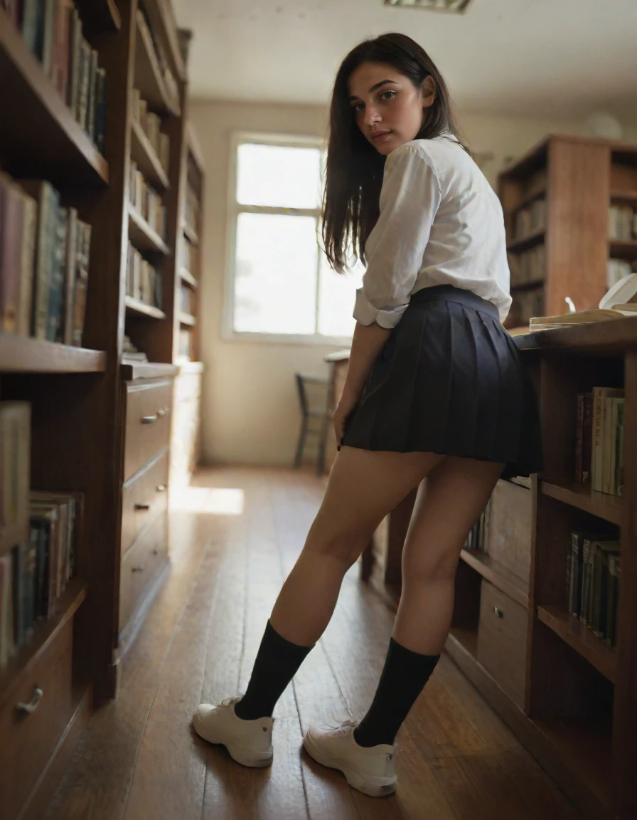 masterpiece, girl 23 years, in office, Dressed in a striped skirt, white shirt and blue sweater, she is sitting with her legs crossed and staring at you provocatively