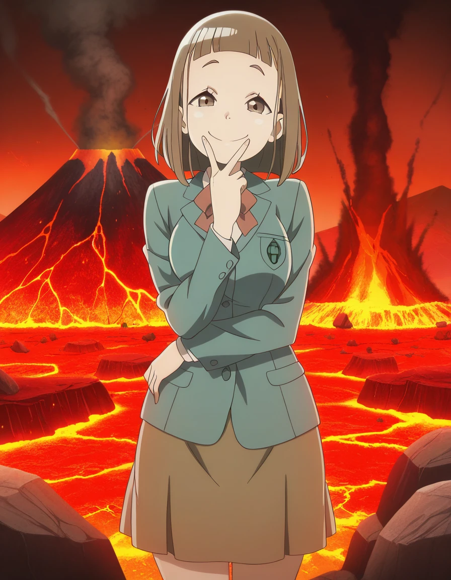 masterpiece, best quality, amazing quality,, <lora:mari-tamaki-s1-illustriousxl-lora-nochekaiser:1>, mari tamaki, tamaki mari, looking at viewer, bangs, brown hair, brown eyes, mature female, medium breasts, anime screencap,, skirt, bow, jacket, blazer,, v, v over mouth, smug,, volcano, lava, rock, fire, smoke, cowboy shot, solo, looking at viewer,
