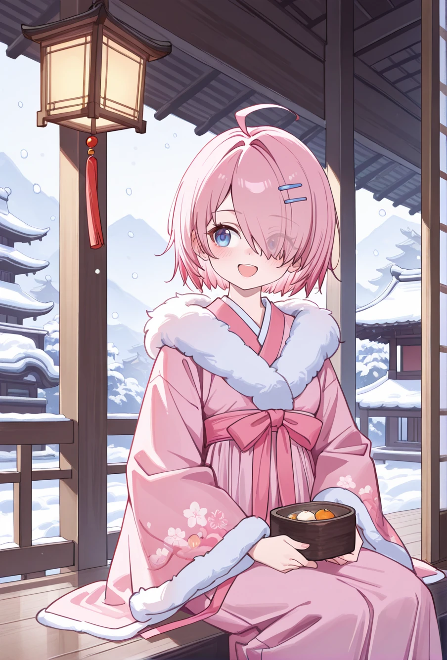masterpiece, best quality, amazing quality, very aesthetic, newest, absurdres, highres,
1girl, solo,
<lora:ShiraishiNagomiIllustriousV1:1> shiraishinagomi, pink hair, short hair, blue eyes, hair over one eye, hairclip, ahoge,
<lora:æç»ç»é£_xiaohuoguo:0.8> xiaohuoguo
snowing, sitting, east asian architecture, lantern, pink hanfu, fur trim,
looking to the side, holding, :d,