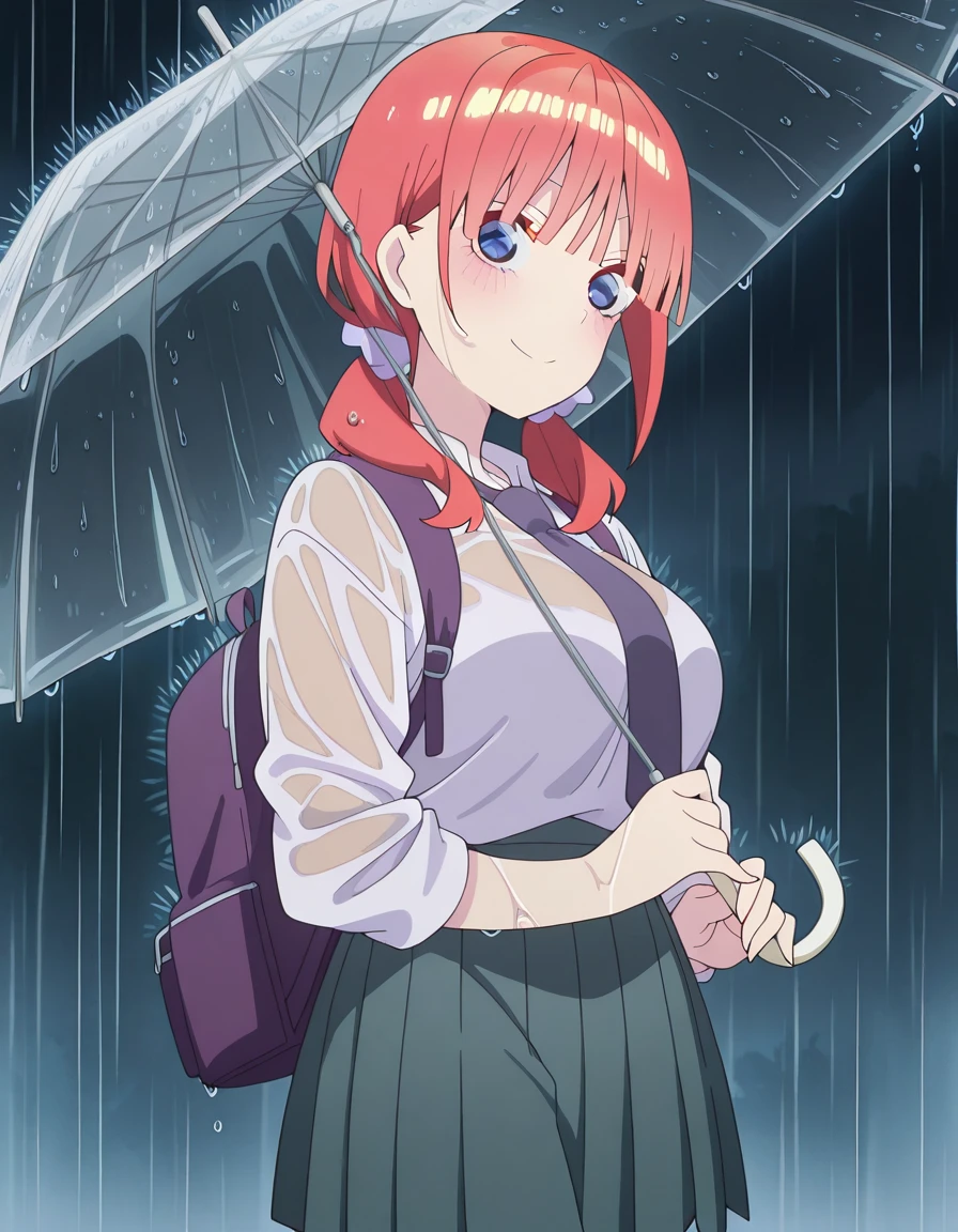 masterpiece, best quality, amazing quality,, <lora:nino-nakano-honeymoon-illustriousxl-lora-nochekaiser:1>, nino nakano, short hair, bangs, blue eyes, twintails, pink hair, blunt bangs, medium hair, eyebrows hidden by hair, mature female, breasts, anime screencap, <lora:getsuyoubi-no-tawawa-538-illustriousxl-lora-nochekaiser:1>, getsuyoubinotawawa538, looking at viewer, smile, skirt, shirt, holding, cowboy shot, pleated skirt, necktie, bag, wet, umbrella, backpack, wet clothes, rain, holding umbrella, transparent, transparent umbrella,, , ,