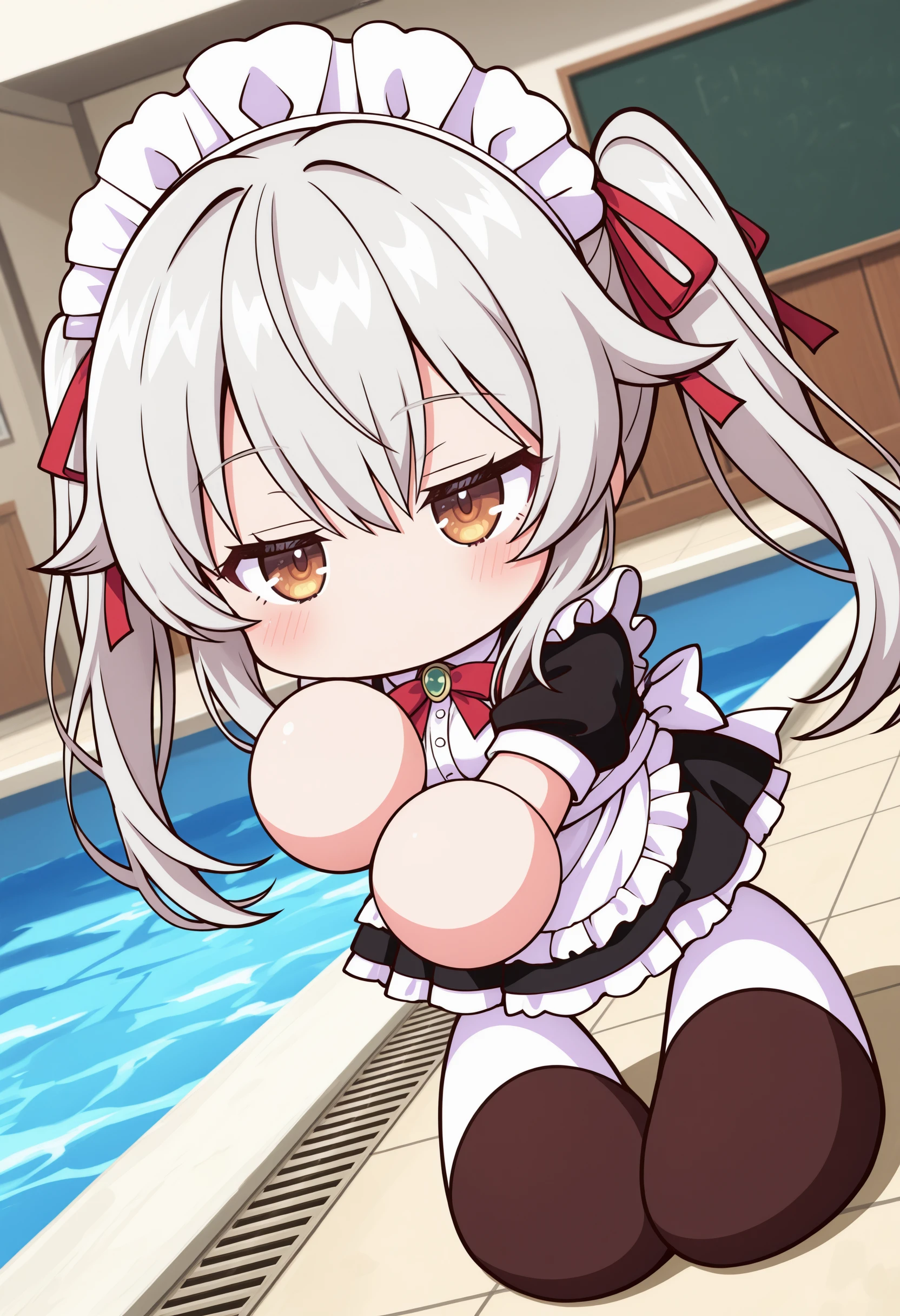 1girl,(sho \(sho lwlw\):0.7),(toosaka asagi:0.5),(sincos:0.3),solo,
masterpiece, best quality, newest, absurdres, CG, anime, source anime, illustration,
maid, maid headdress,medium breasts,
pawapuro , chibi ,no mouth,blush,full body , <lora:pawapuro_Illust_v3:1.2>
dutch angle, looking ahead, gray hair, brown eyes,seductive smile, swimming pool, tri tails hair,