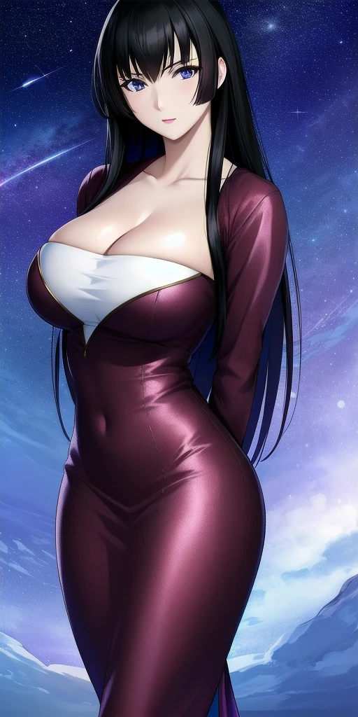 ((work of art, best qualityer)), (1 girl), (standing alone), (female focus), ,(very highly detailed face, Actual image, Realistic white skin, realistic body, details Intricate), trunk, serious , eyes browns, gazing at viewer, Bblack hair, long sleeve shirt, apron dress, black necktie, Breasts huge, breasts marking, perky breasts, Waist slender, HUGE HIPS
