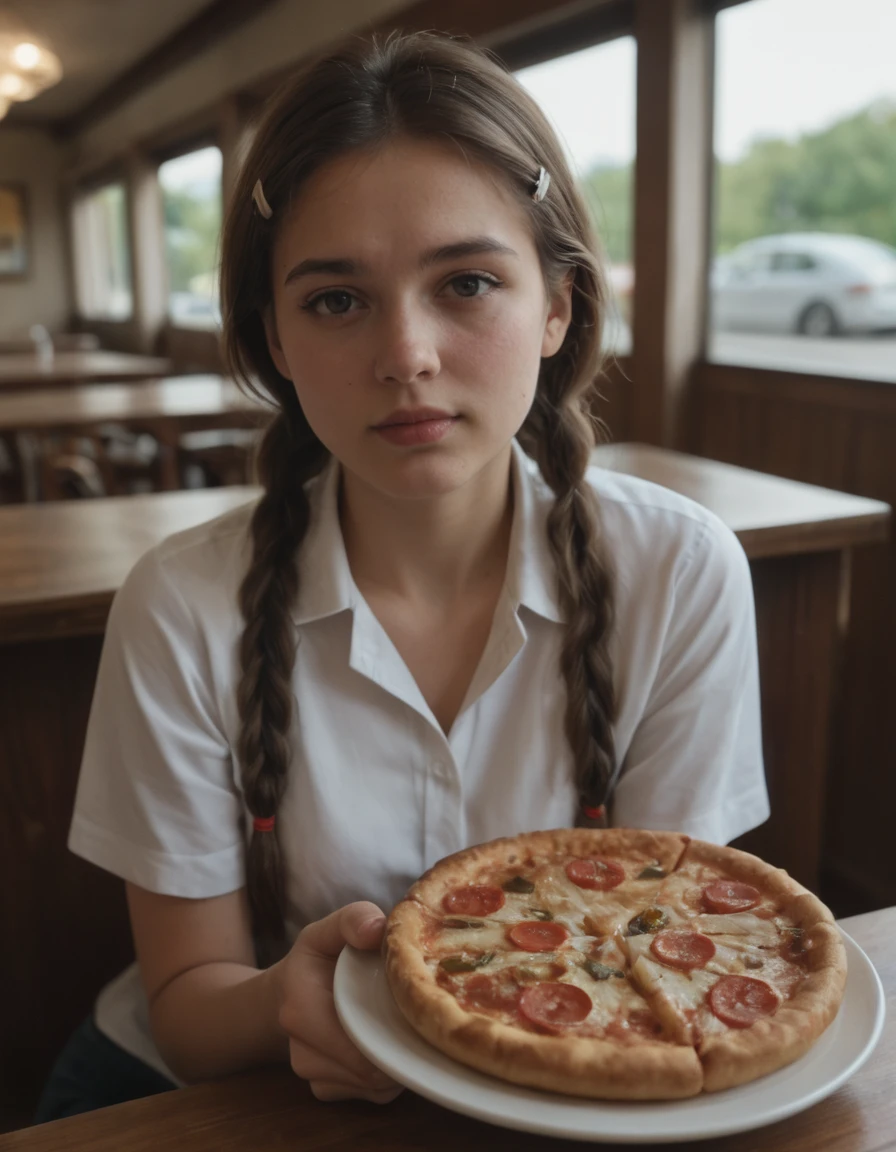 Stable_Yogis_PDXL_Positives
1girl, brown hair, long hair, twin braids, hairclip, black eyes, holding pizza, eating, looking at viewer, cute, restaurant, masterpiece, best quality, high quality, detailed, absurdres