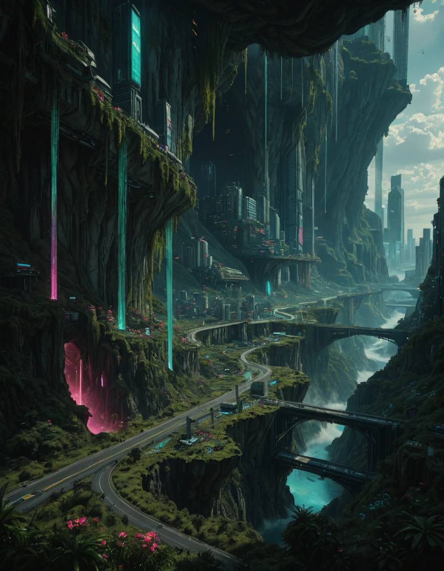 <lora:SW-TY02ill:1> above clouds, cyberpunk city with illuminated design tall buildings, from side, highway, multi levels, epic details, illuminated, on a mountain, photo of futuristic city inside a closed cave, cinematic lighting, glowing flora, pink trees, turquoise water, bioluminescent flowers, hanging moss, overgrown arcology, cyberpunk details, neon reflections, waterfall,