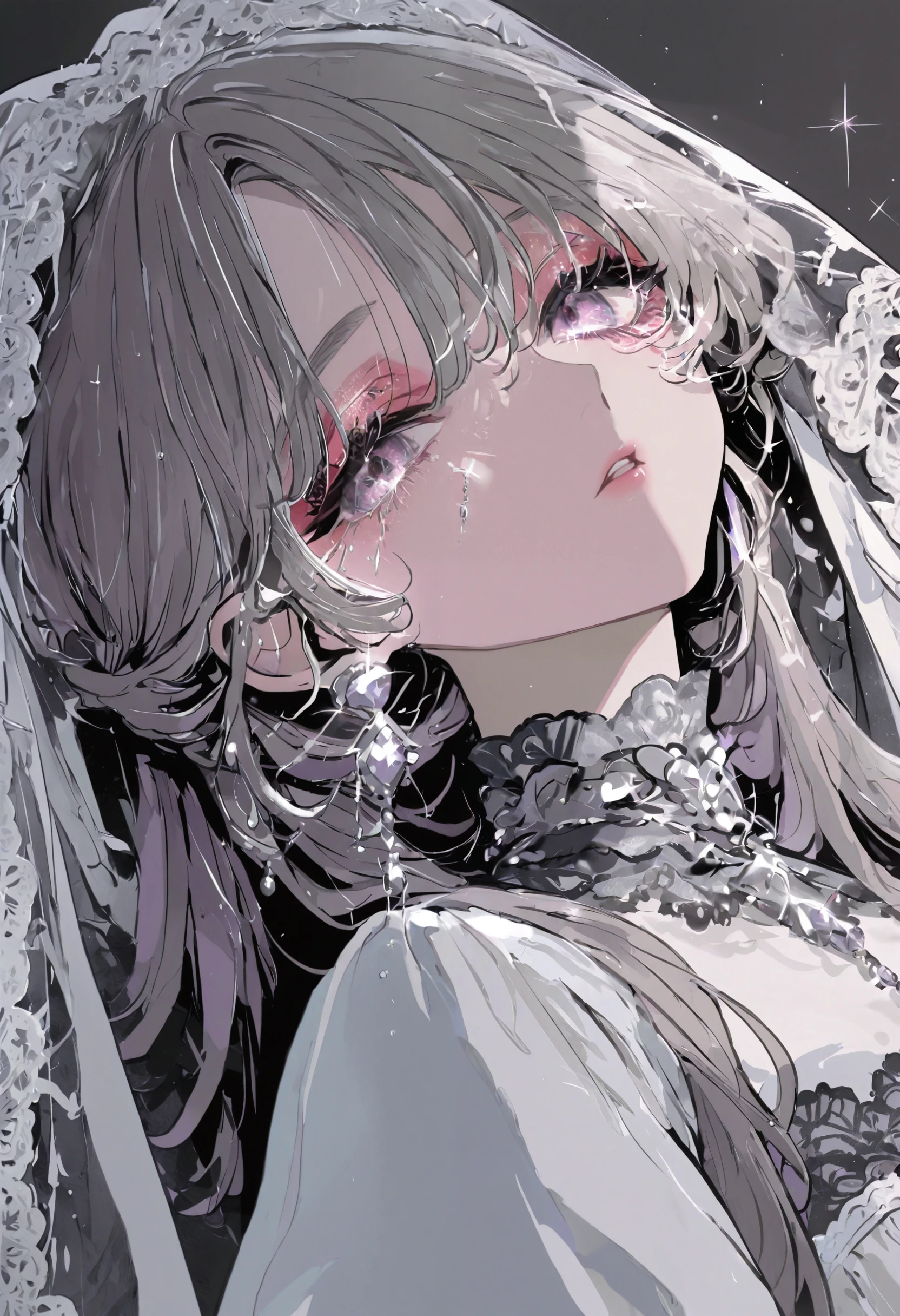 <lora:kota-illustriousXL_v01_V3-CAME>, 1girl, solo, veil, jewelry, earrings, long hair, purple eyes, looking at viewer, grey hair, parted lips, dress, makeup, upper body, lace, glint, white dress, bridal veil, sparkle, lace trim, grey background, shadow