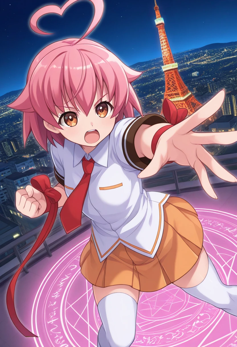 1girl, solo, ainohaato, pink hair, short hair, heart ahoge, brown eyes, shirt, short sleeves, necktie, wrist ribbon, wristband, skirt, school uniform, thighhighs, open mouth, serious, outdoors, tokyo tower, night, district, pink magic circle, outstretched arm, reaching out, foreshortening,