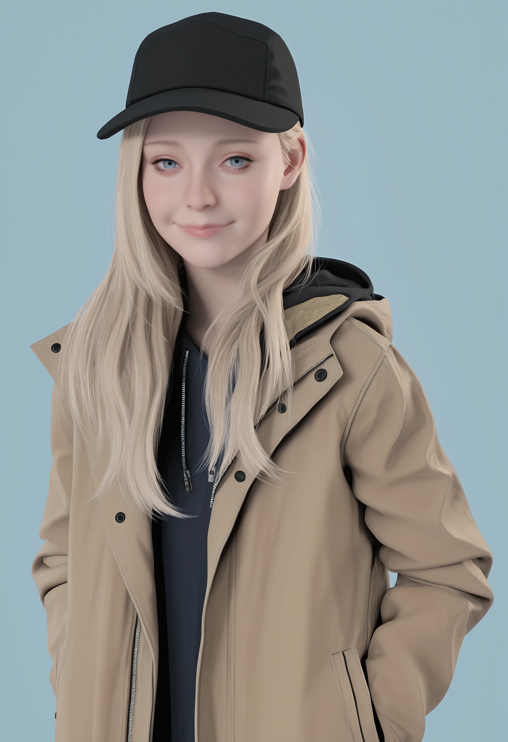 masterpiece, best quality, amazing quality, very aesthetic, absurdres, newest, <lora:RosemaryRE8ILf:1> r0silf, 3d, 1girl, long hair, blonde hair, blue eyes, baseball cap, jacket, hood down, jeans, upper body, looking at viewer, smile,
simple background, light blue background,