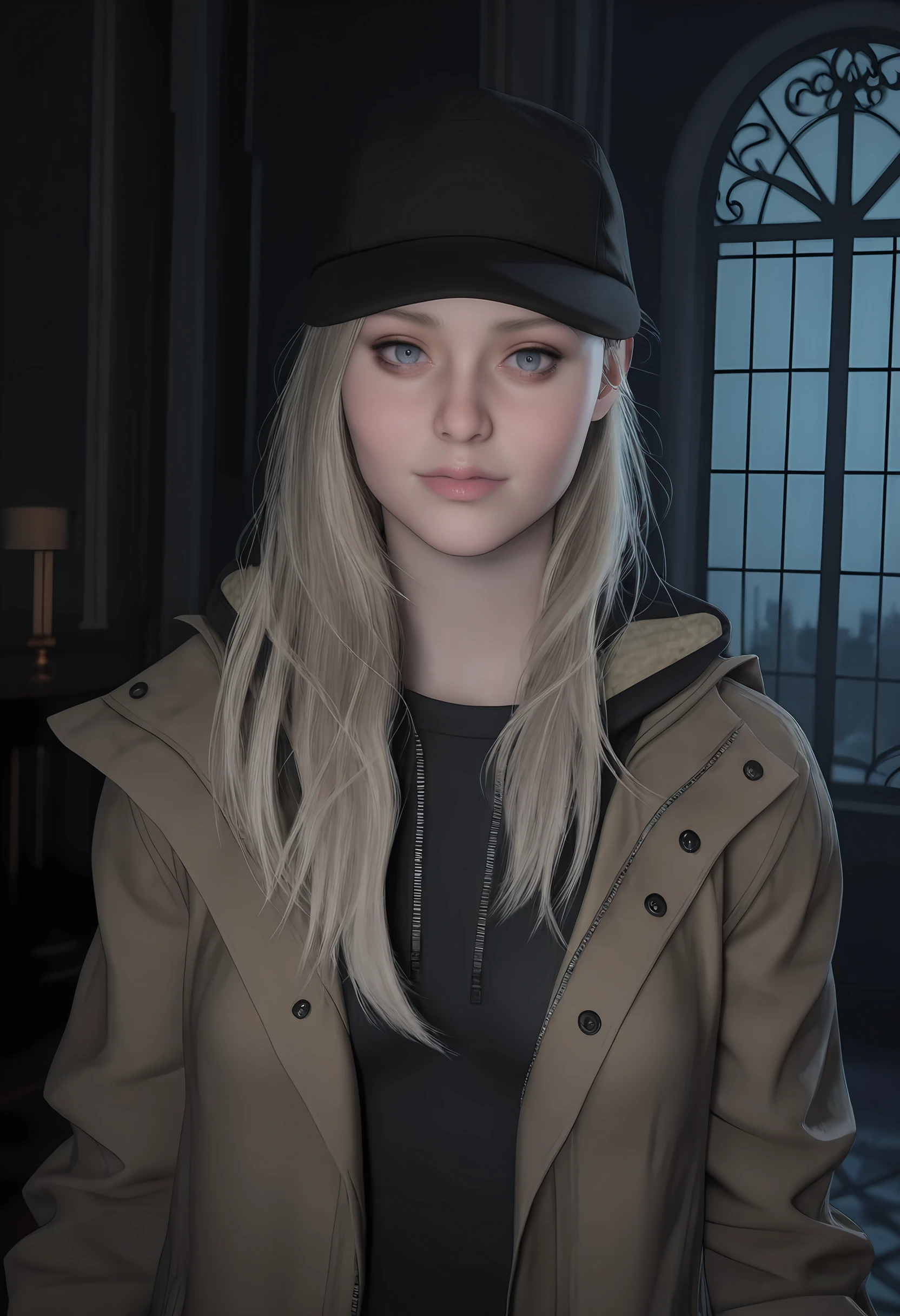 masterpiece, best quality, amazing quality, very aesthetic, absurdres, newest,  <lora:RosemaryRE8ILf:1> r0silf, 3d, 1girl, blonde hair, spiky hair, blue eyes, small breasts, baseball cap, jacket, upper body, looking at viewer, 
dark, mansion, indoors, large windows, night, ballroom,