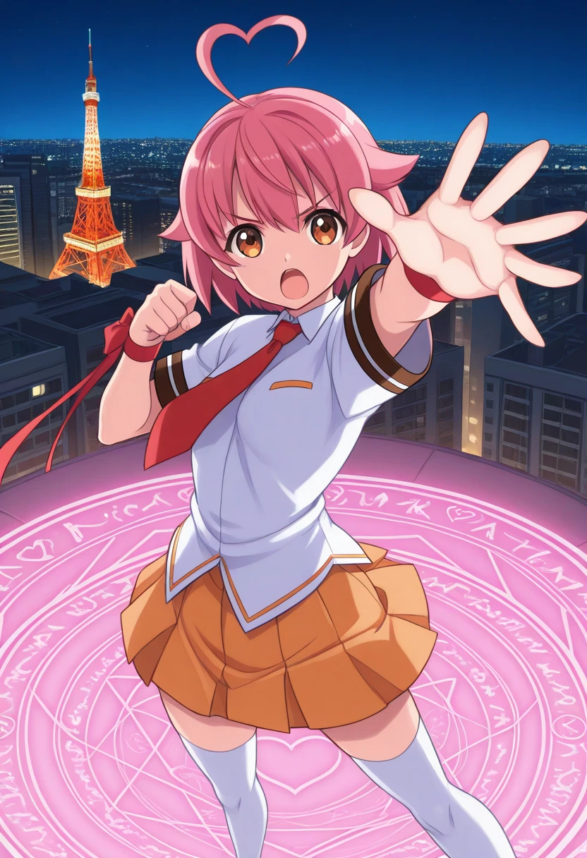 1girl, solo, ainohaato, pink hair, short hair, heart ahoge, brown eyes, shirt, short sleeves, necktie, wrist ribbon, wristband, skirt, school uniform, thighhighs, open mouth, serious, outdoors, tokyo tower, night, district, pink magic circle, outstretched arm, reaching out, foreshortening,