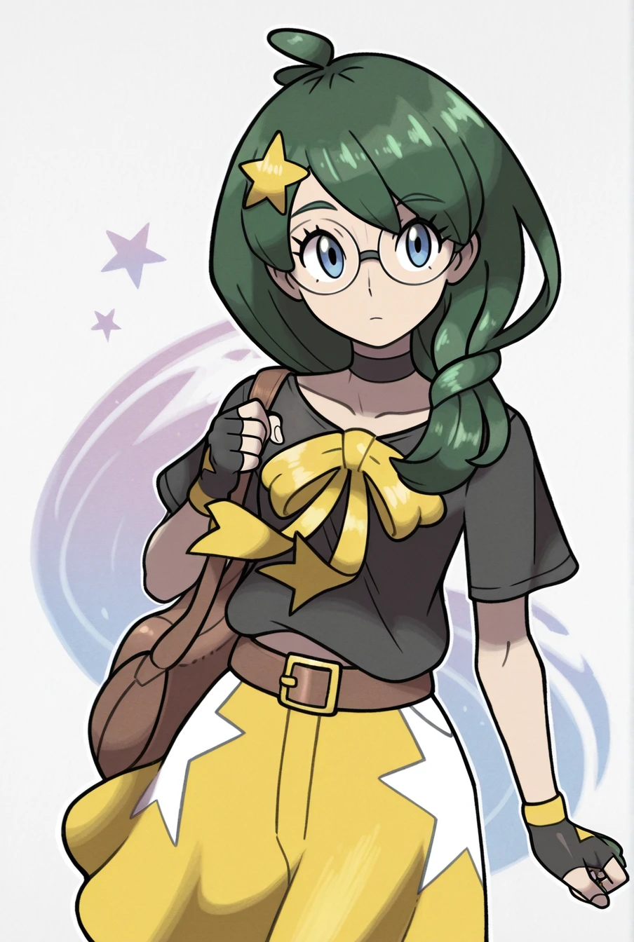 masterpiece, best quality, 1girl, solo,  <lora:Rival_Ivy:1> , rivalivy, green hair, blue eyes, star hair ornament, glasses, black shirt, yellow  ribbon, belt, yellow skirt, fingerless gloves, brown bag, choker, sugimori ken \(style\), watercolor \(medium\),