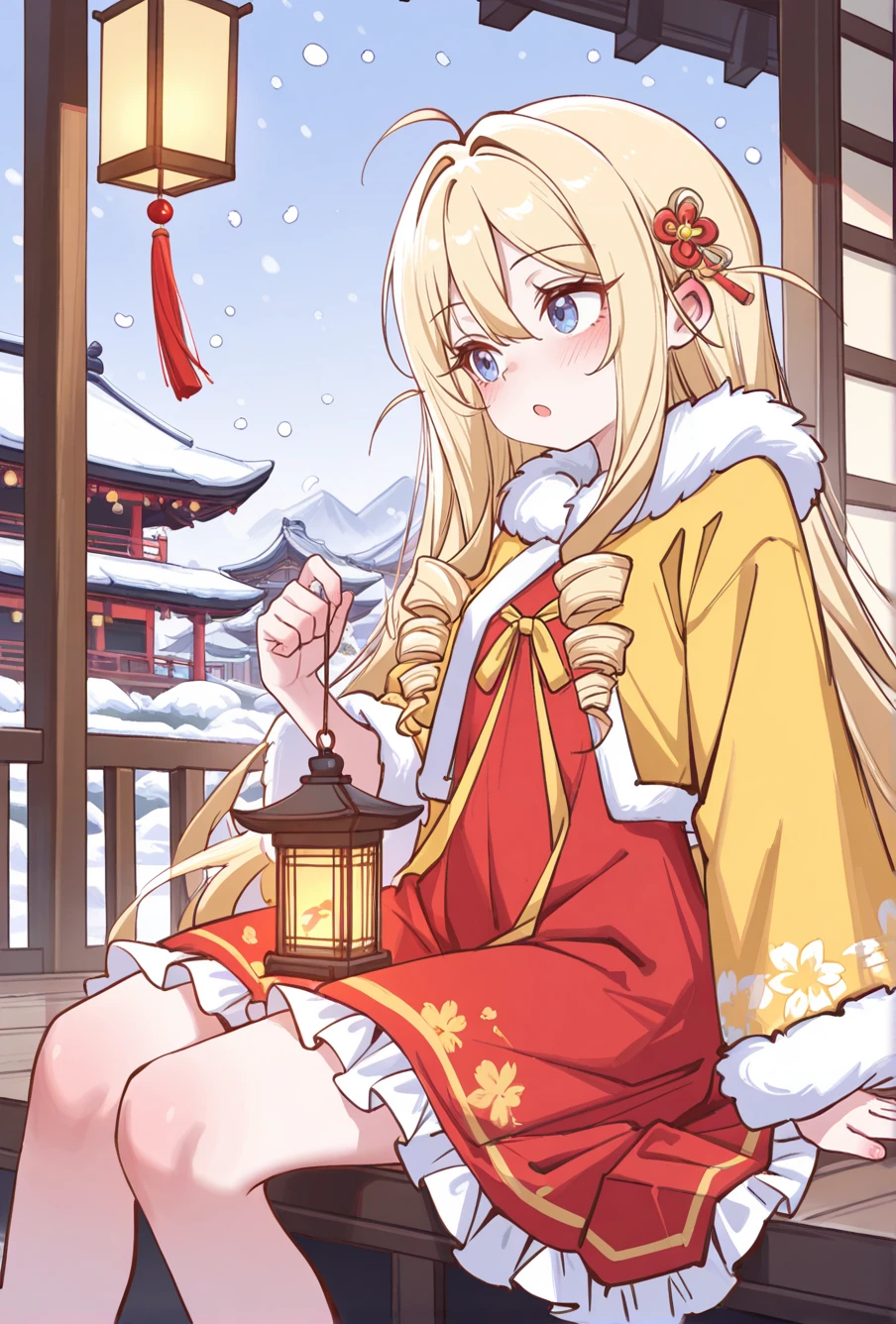 masterpiece, best quality, amazing quality, very aesthetic, newest, absurdres, highres,
1girl, solo,
<lora:AyanokoujiKarenIllustriousV1:1> ayanokoujikaren, blonde hair, long hair, hair ornament, ahoge, drill sidelocks, blue eyes, frilled dress, red dress,
<lora:æç»ç»é£_xiaohuoguo:0.8> xiaohuoguo
snowing, sitting, east asian architecture, lantern, yellow hanfu, fur trim,
looking to the side, holding, :o,
