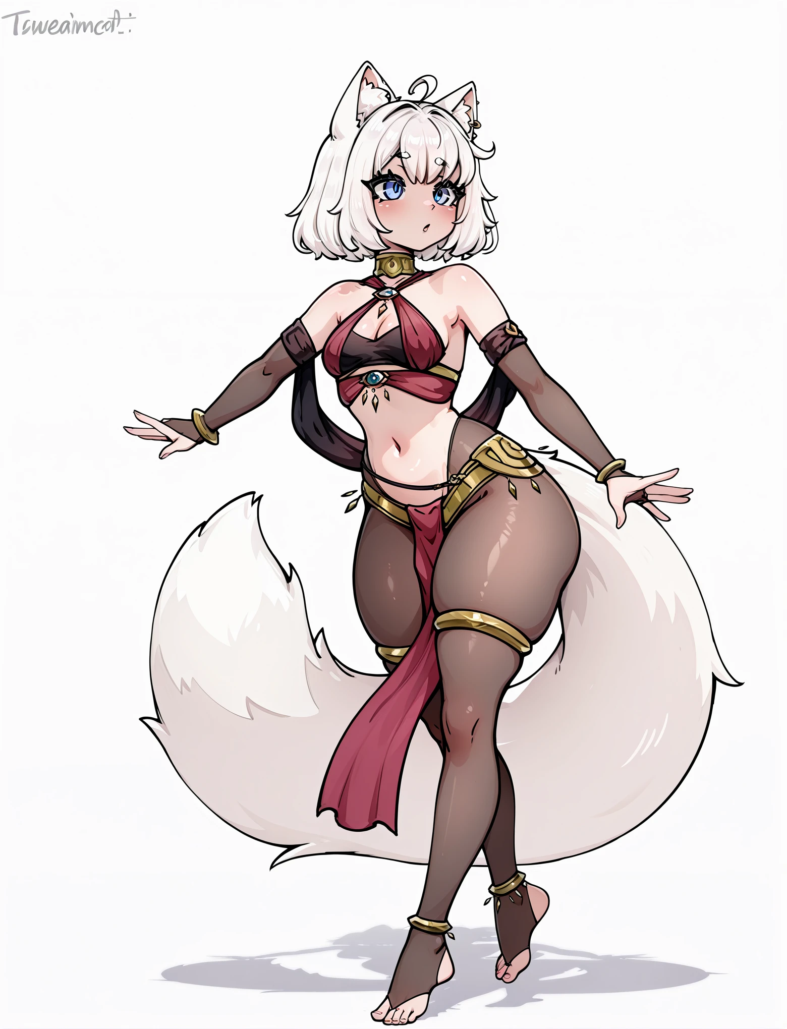 (Best quality),4K,Noble female nine-tailed white fox,furry ears and hands and feet,long leges,The expression is fascinating,Wear tribal clothing,forest backgrou,orc race,Pink Long Hair