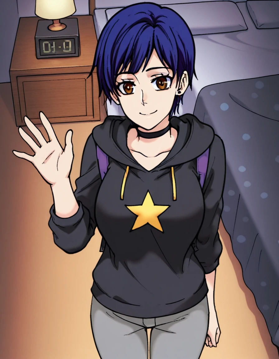 (virgin killer sweater),head tilt, coquettish smile, long eyelashes,((best quality)), ((highly detailed)), , (1girl),Rukia, black hair, short hair, hair between eyes, purple eyes, small breasts, frown,sexy,looking at viewer,embarrassed,blushing,masterpiece,best quality,highly detailed,black hair,solo, afb-lora, thick thighs, 1girl, solo, ((masterpiece, best quality)), absurdres, highres,((full body))