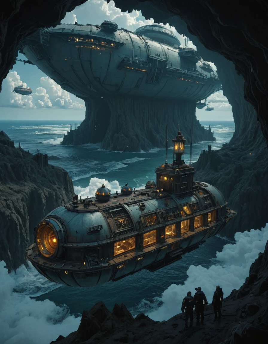 <lora:SW-TY02ill:1> above clouds, sea, above cyberpunk city, in a cave, waves, mothership, canyons, steampunk,