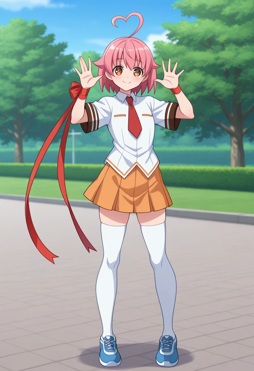 1girl, solo, ainohaato, pink hair, short hair, heart ahoge, brown eyes, shirt, short sleeves, necktie, wrist ribbon, skirt, school uniform, thighhighs, shoes,, full body, outdoors, park, smile, hands up, standing