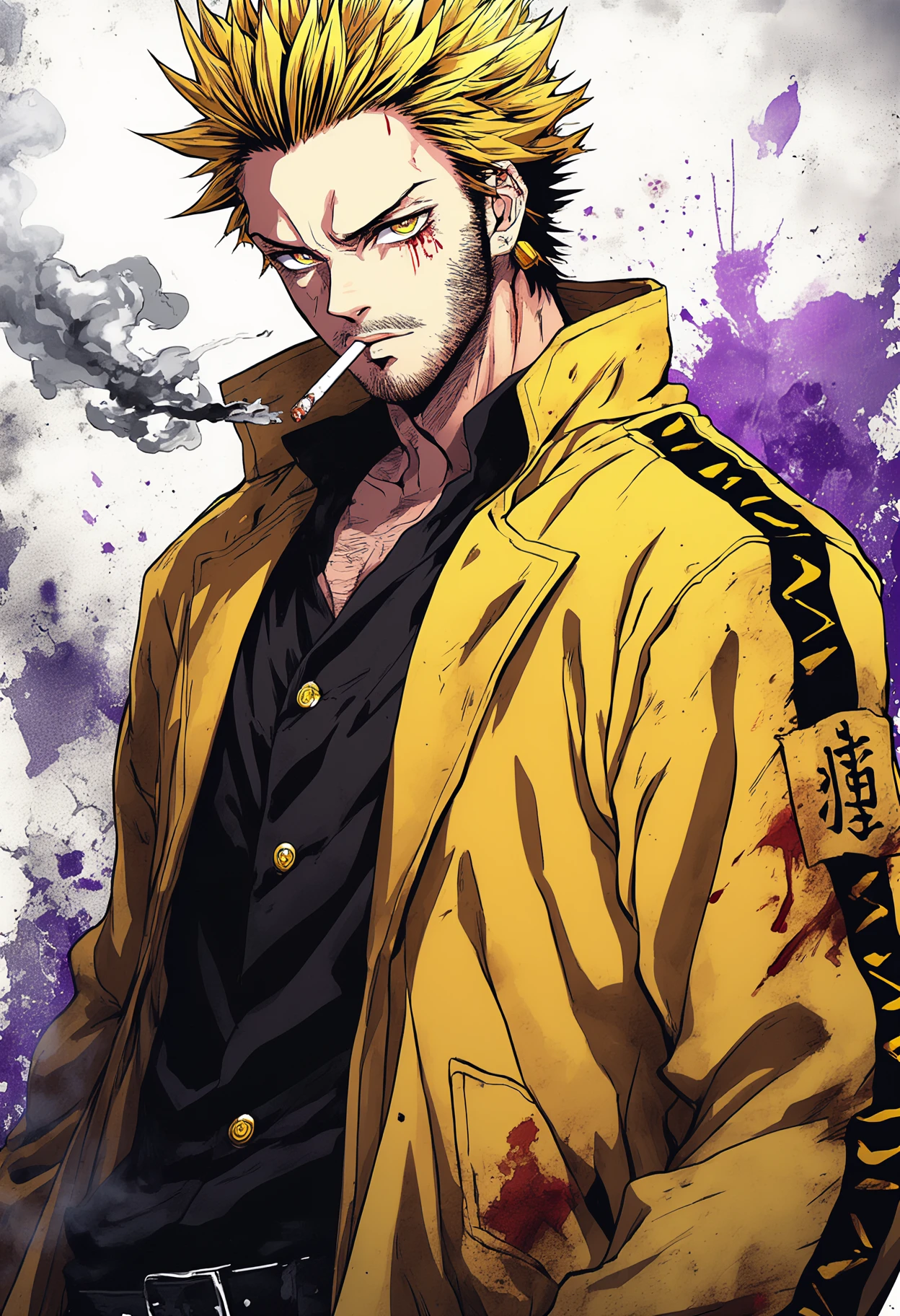 Creating Sanji from One Piece、Watercolor、An illustration、Yellow Hair、business suit、shirt、precise face features、black eye、Sporty clothing、High resolution、tobacco