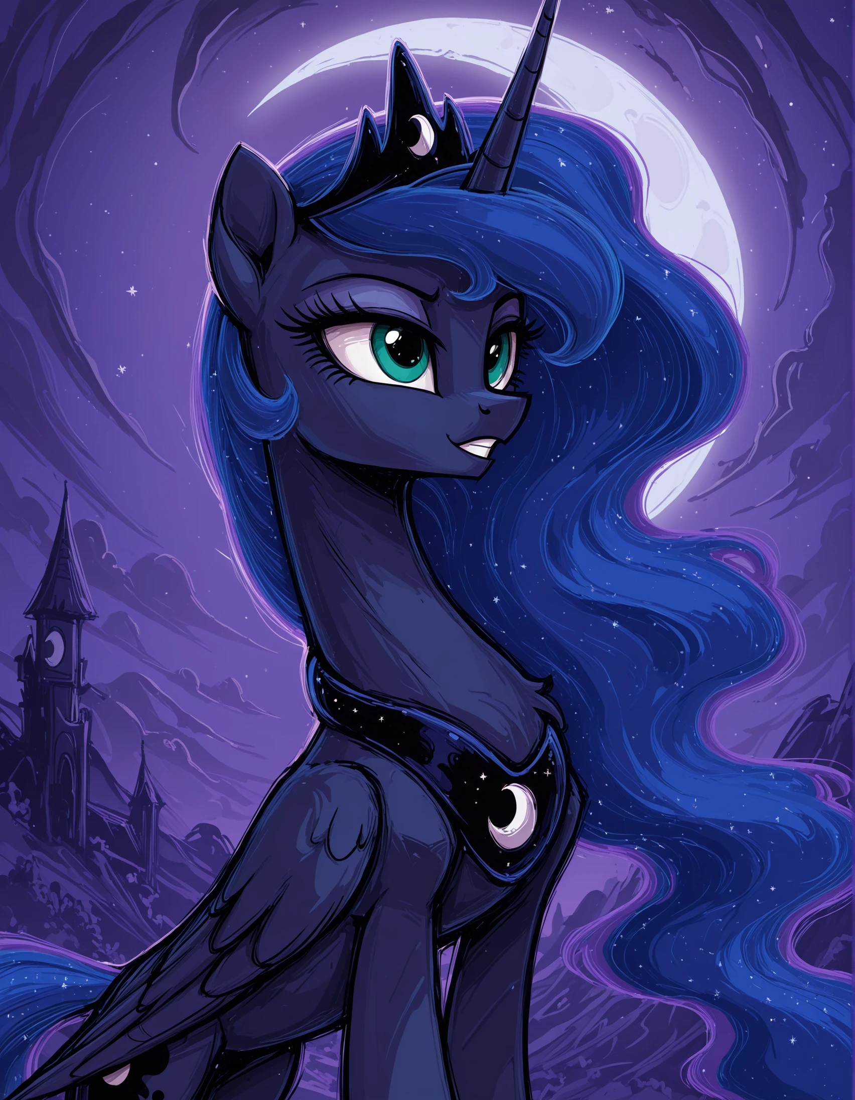 resolution, masterpiece, high resolution, (SOLO: 1.2) my little pony, friendship is magic, wild, detailed background, <lora:Celestia_and_Luna-000010:1>Princess Luna is an alicorn, her body is the dark blue of the night sky,
Her mane and tail are long and wavy, Her eyes are green, , She wears a crescent-shaped ornament on her neck, and a crown on her head.
<lora:TFH-000021:1>