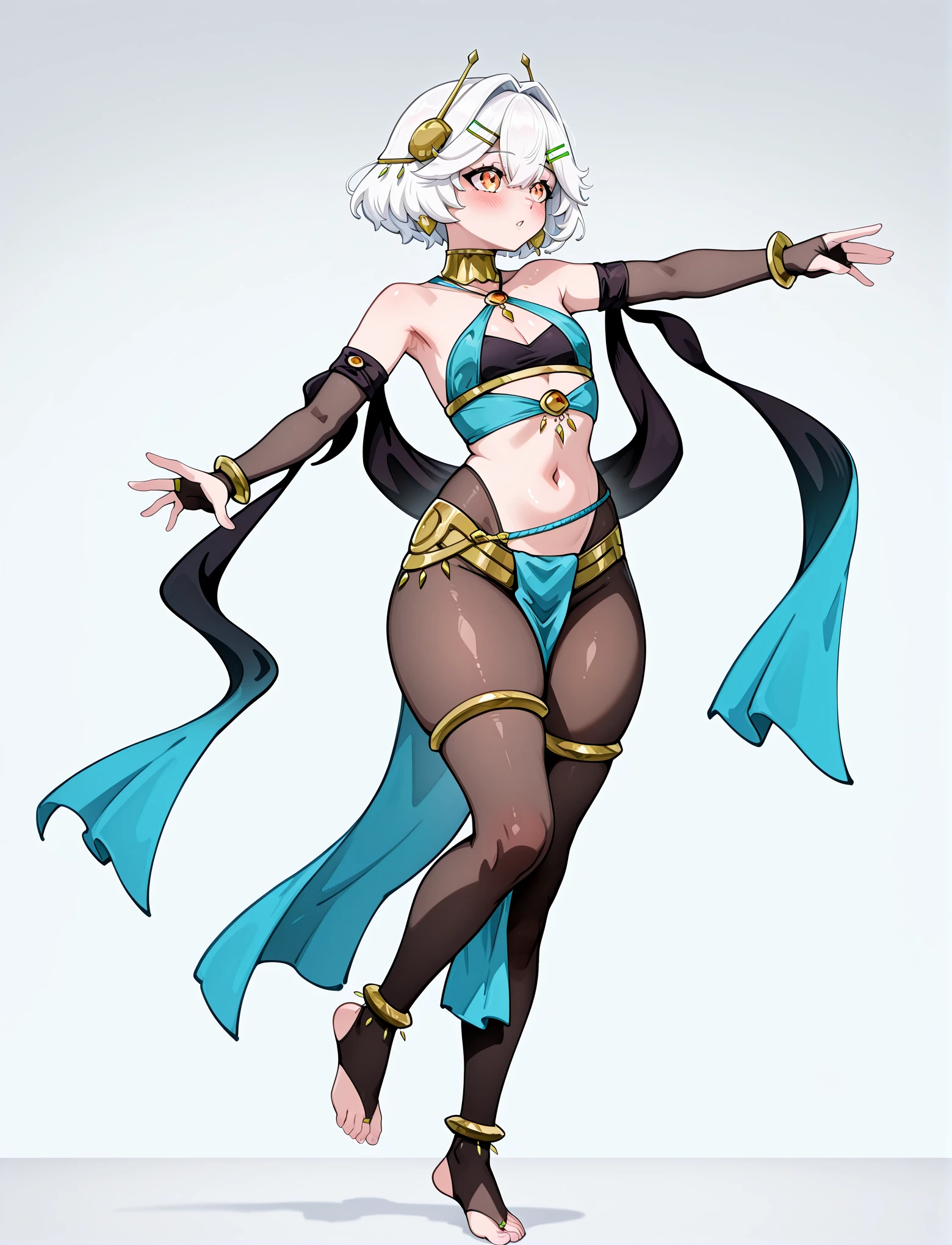 full body, dancing, dynamic pose, 1girl,
thick thighs, curvy,
<lora:PlegianDancer:1> plegiandancer, dancer, harem outfit, alternate costume, criss-cross halter, gold collar, gold bangles, bare shoulders, bracelet, cleavage, earrings, jewelry, navel, midriff, body jewelry, gold thighlets, see-through pantyhose, toeless pantyhose, loincloth, shawl, anklet, fingerless elbow gloves,
<lora:EllieMinibotV1:1> ellieminibot, white hair, bangs, hair between eyes, short hair, hairclip, hair hair intakes, orange eyes, hair ornament, flat chest,, masterpiece, best quality, amazing quality, very aesthetic, absurdres, newest