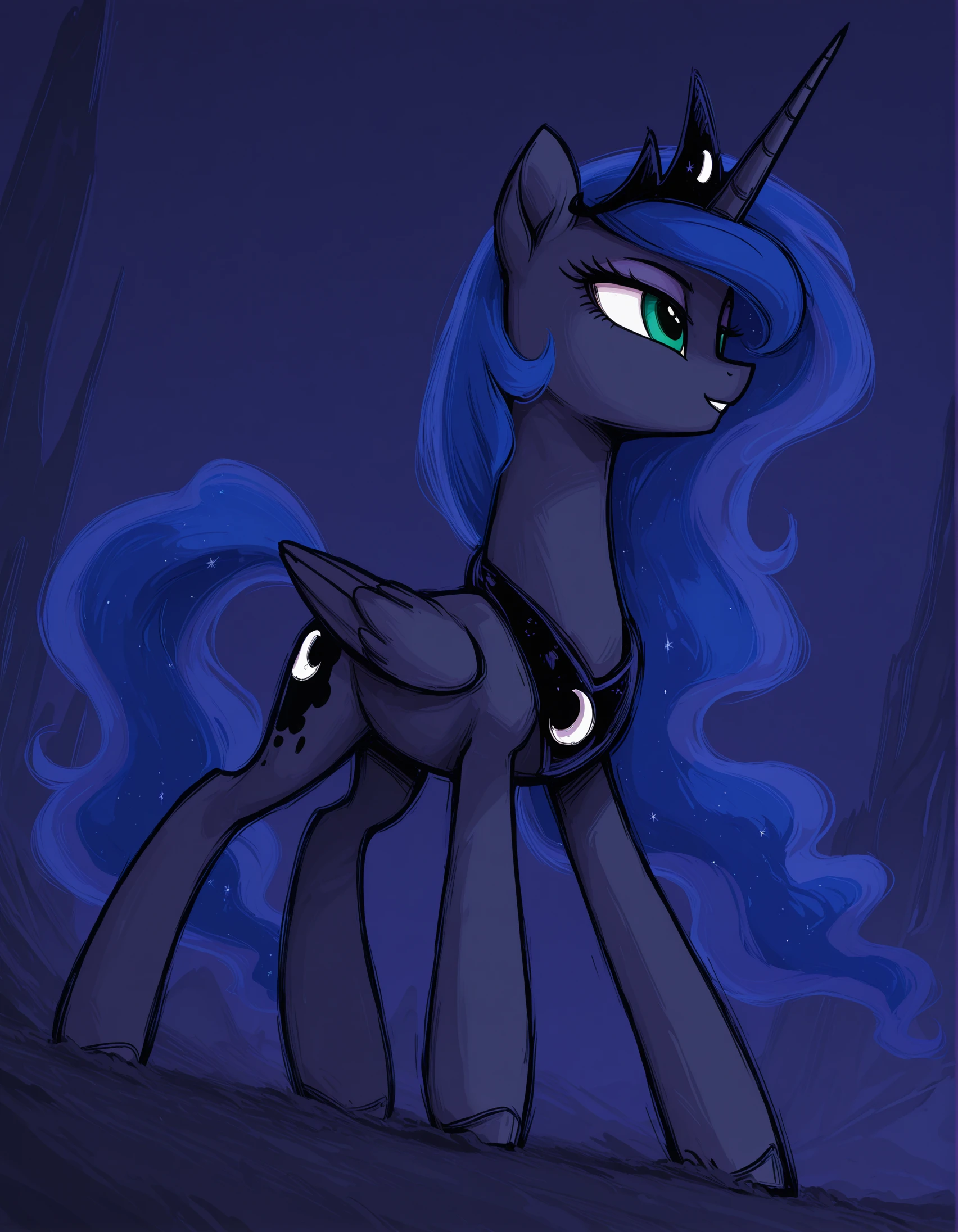 resolution, masterpiece, high resolution, (SOLO: 1.2) my little pony, friendship is magic, wild, detailed background, <lora:Celestia_and_Luna-000010:1>Princess Luna is an alicorn, her body is the dark blue of the night sky,
Her mane and tail are long and wavy, Her eyes are green, , She wears a crescent-shaped ornament on her neck, and a crown on her head.
<lora:TFH-000021:1>