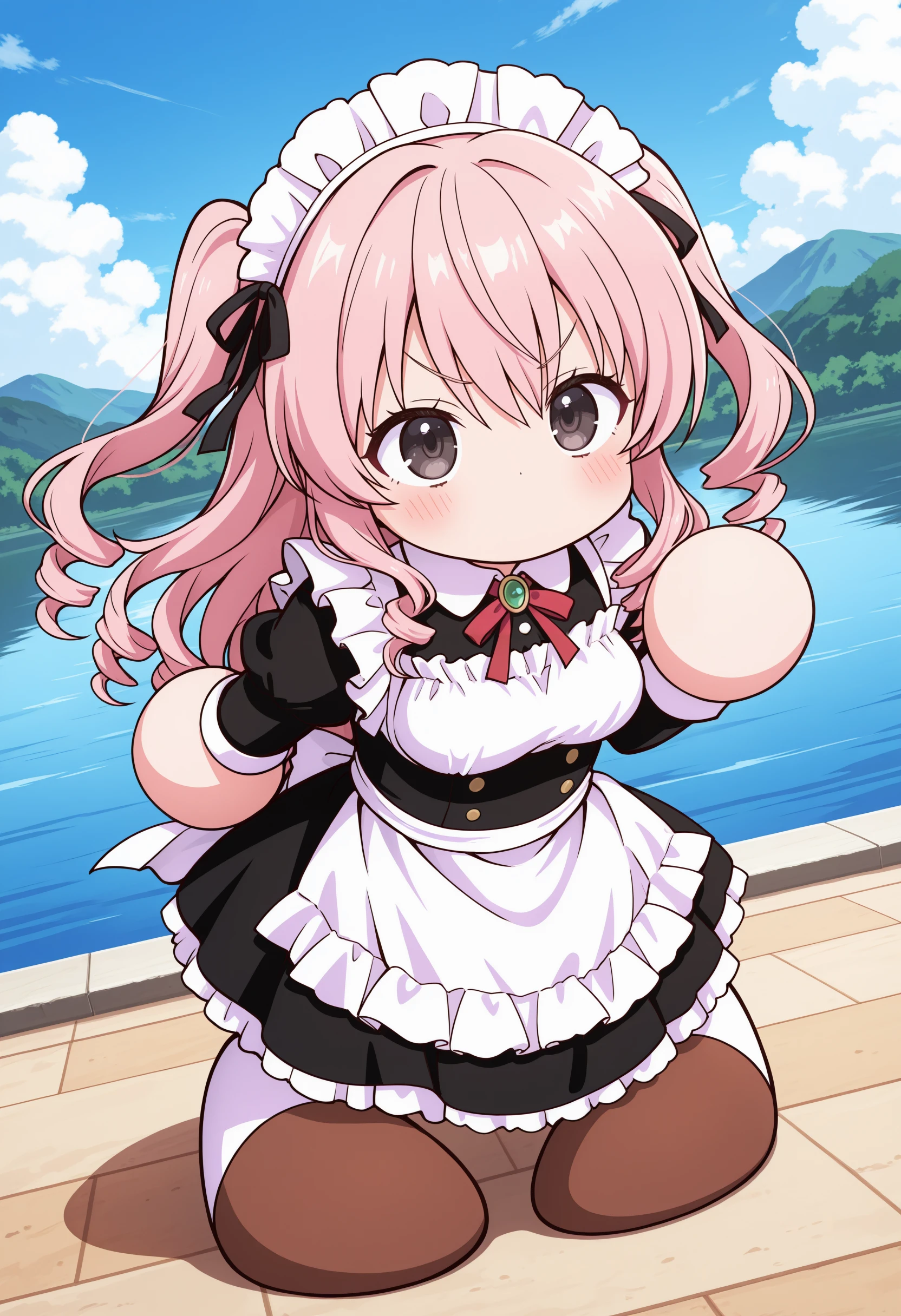 1girl,(sho \(sho lwlw\):0.7),(toosaka asagi:0.5),(sincos:0.3),solo,
masterpiece, best quality, newest, absurdres, CG, anime, source anime, illustration,
maid, maid headdress,medium breasts,
pawapuro , chibi ,no mouth,blush,full body , <lora:pawapuro_Illust_v3:1.2>
dutch angle, looking up, pink hair, black eyes,v-shaped eyebrows, lake, ringlets hair,