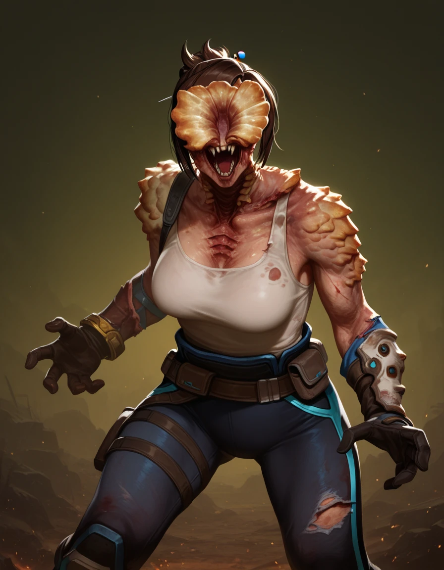 A female Xenomorph-like alien boxer with a large chest, wearing a leather tube top with large, soft red boxing gloves and Muay Thai pants.