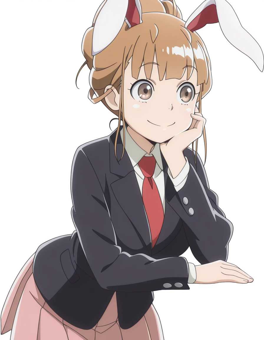 masterpiece, best quality, amazing quality,, <lora:hinata-miyake-s1-illustriousxl-lora-nochekaiser:1>, hinata miyake, miyake hinata, short hair, brown hair, brown eyes, mature female, breasts, anime screencap,, <lora:inaba-reisen-udongein-cosplay-illustriousxl-lora-nochekaiser:1>, inaba reisen udongein cosplay, reisen udongein inaba (cosplay), animal ears, black jacket, blazer, collared shirt, jacket, long sleeves, necktie, pleated skirt, rabbit ears, red necktie, shirt, skirt, white shirt, pink skirt,, head rest, smile,, , <lora:transparent-background-illustriousxl-lora-nochekaiser:1>, transparent background, simple background, white background