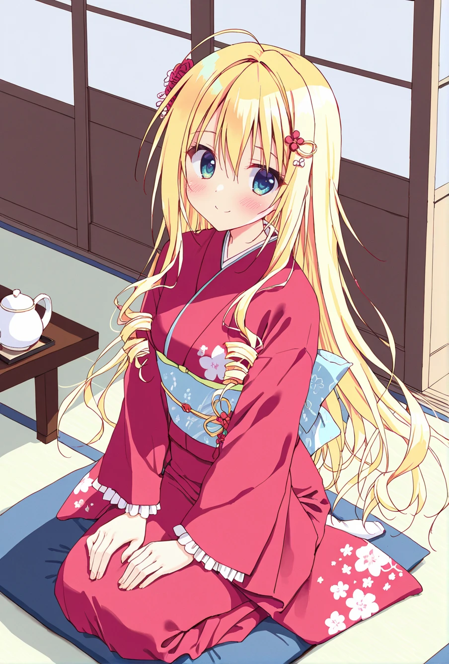 masterpiece, best quality, amazing quality, very aesthetic, newest, absurdres, highres,
1girl, solo,
 <lora:AyanokoujiKarenIllustriousV1:1> ayanokoujikaren,  blonde hair, long hair, hair ornament,  ahoge, drill sidelocks, blue eyes, frilled dress, red dress,
sitting, seiza, zabuton, teacup, teapot, kimono, obi, looking at viewer, smile, hands on own knees, 
(watercolor \(medium\):1.3), traditional media, (ryouka_(suzuya):1.3)