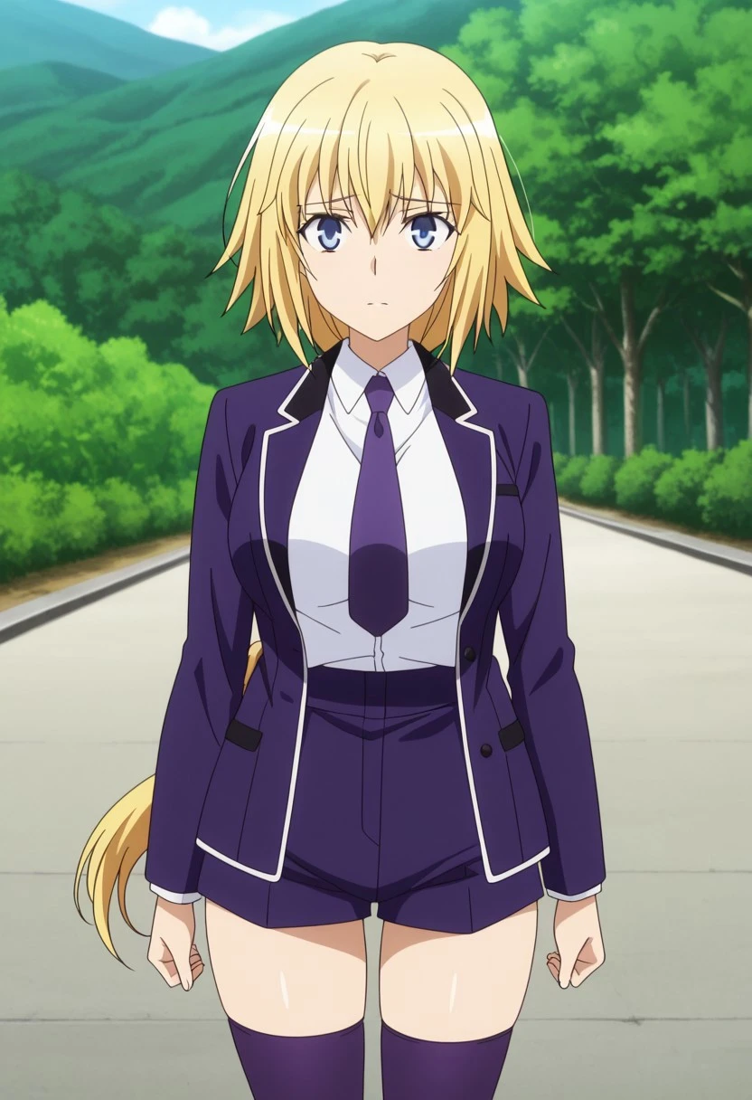 source_anime, very aesthetic, masterpiece, official art,
best quality, amazing quality, ultra detailed, very aesthetic,
anime screencap, anime coloring, lineart, no text
BREAK,
1girl, solo, jeanne d arc, blonde hair, blue eyes, long hair, large breasts, open jacket, purple jacket, collared shirt, white shirt, purple necktie, purple shorts, purple thighhighs, outdoors