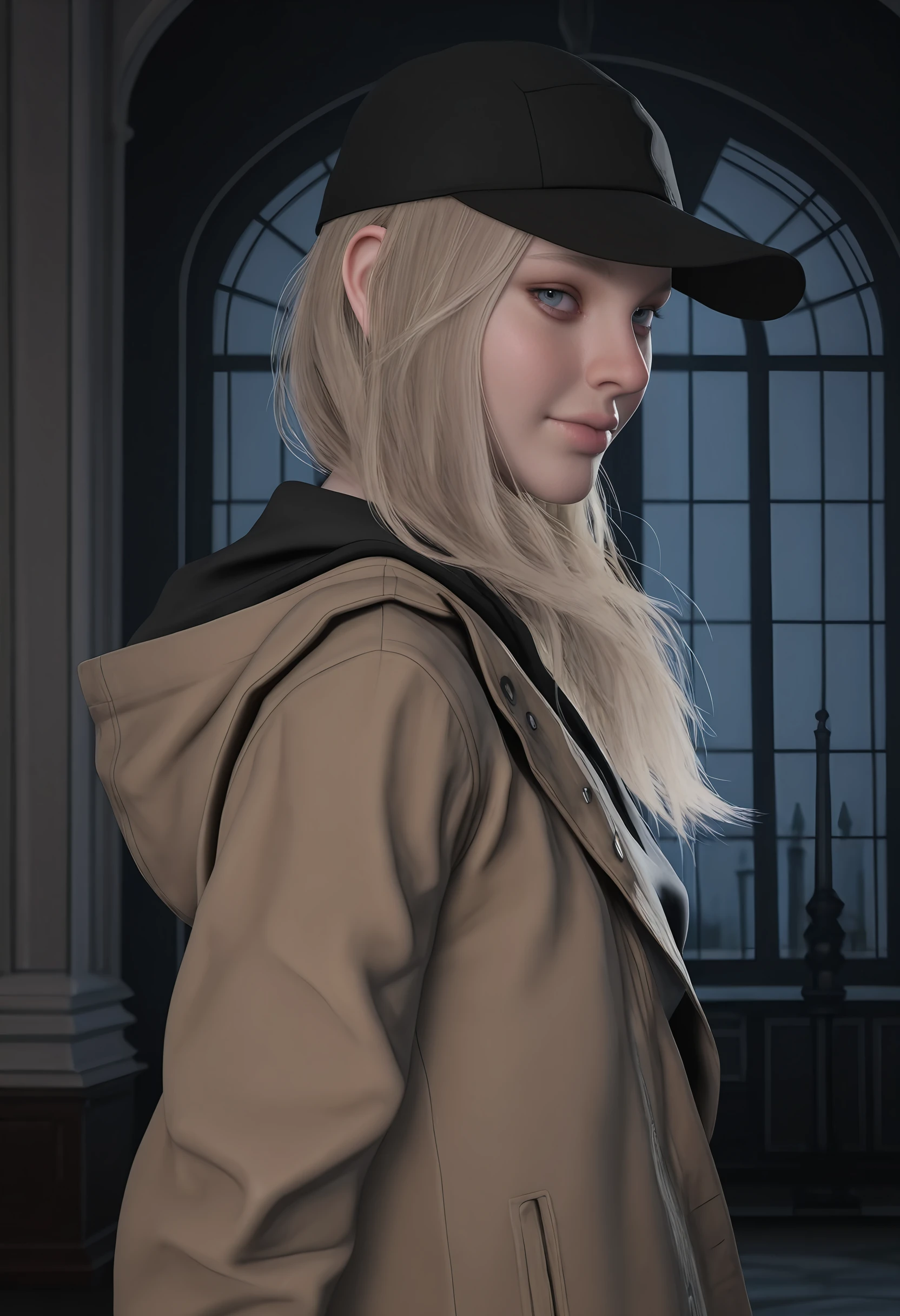 masterpiece, best quality, amazing quality, very aesthetic, absurdres, newest,  <lora:RosemaryRE8ILf:1> r0silf, 3d, 1girl, blonde hair, spiky hair, blue eyes, small breasts, baseball cap, jacket, upper body, looking at viewer, from side, 
dark, mansion, indoors, large windows, night, ballroom,