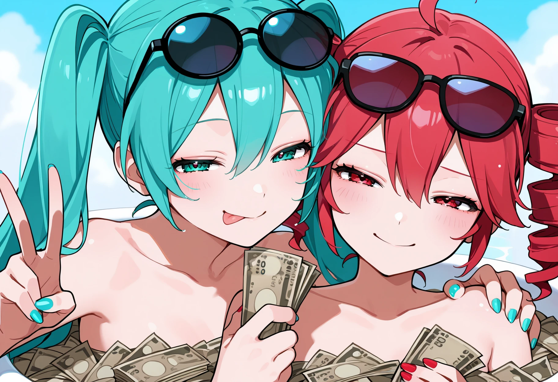 2girls, kasane teto, hatsune miku, money, banknote, holding money, hand on another's shoulder, tongue out, v, smile, eyewear on head, sunglasses, half-closed eyes, bathing, aqua nails, <lora:money_bath-10:1>