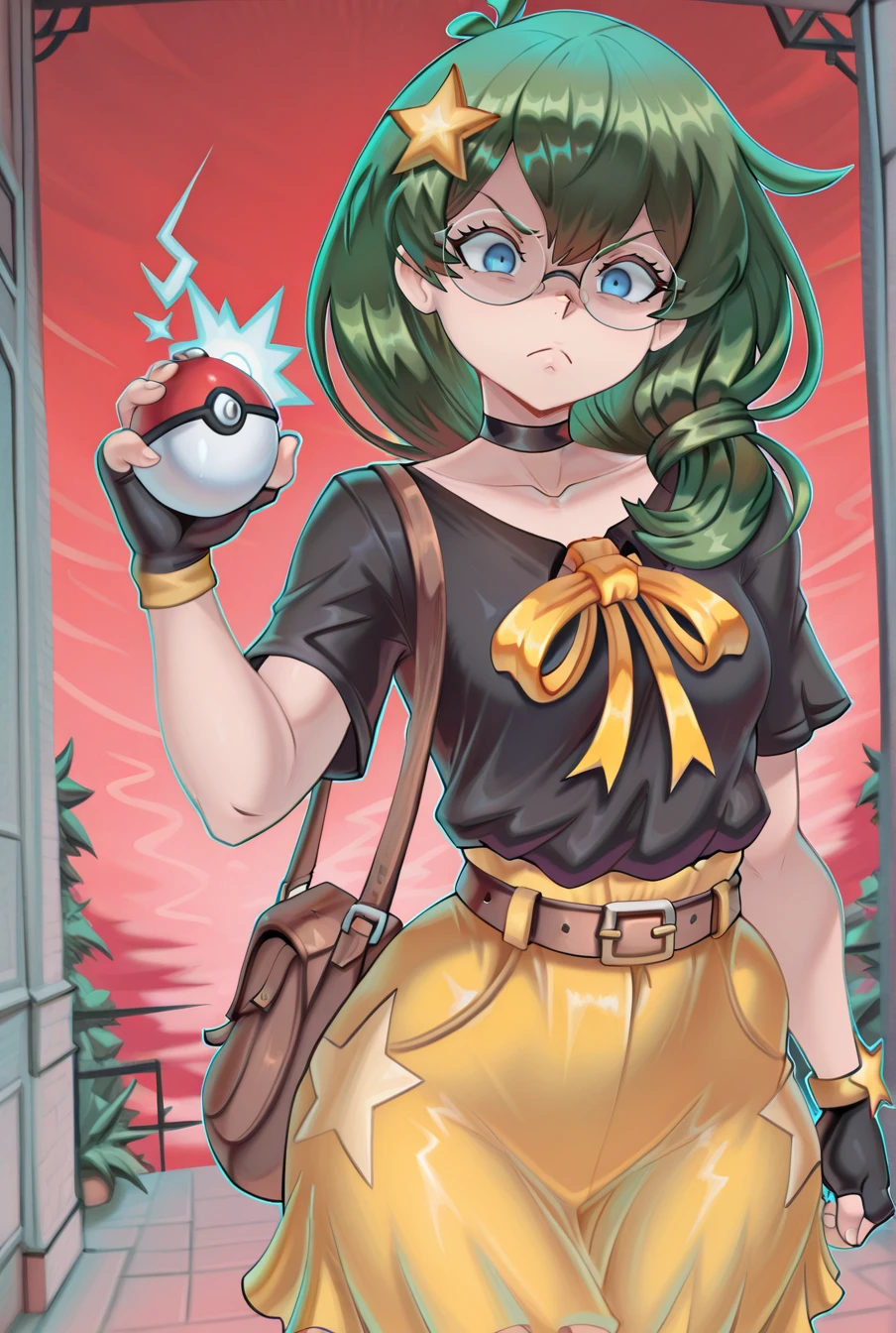 masterpiece, best quality, 1girl, solo,  <lora:Rival_Ivy:1> , rivalivy, green hair, blue eyes, star hair ornament, glasses, black shirt, yellow  ribbon, belt, yellow skirt, fingerless gloves, brown bag, choker, <lora:I_Need_An_Adult:1> , inad, abstract background, red sky, blank expression, frown, holding pokeball, standing, dynamic pose