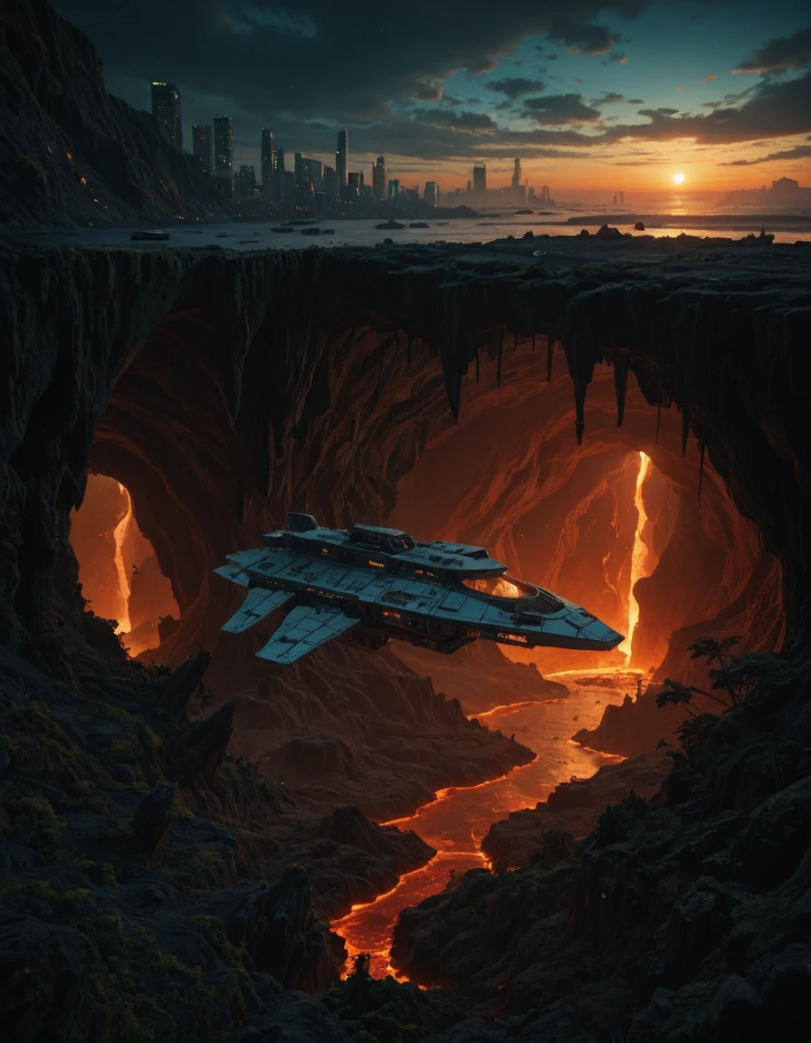 <lora:SW-TY02ill:1> above clouds, sea, cyberpunk city, in a cave, lava, waves, design spacecraft, vegetation, moss, sunset, epic scalen epic details, illuminated,