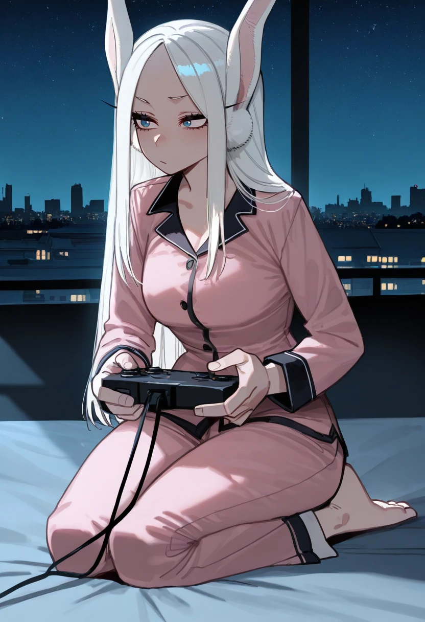 mirko, 1girl, straight hair, white hair, pajamas, barefoot, playing video games, focused expression, rooftop garden, skyline view, quiet night, starry sky,
22D,masterpiece, best quality, amazing quality, very aesthetic, high resolution, ultra-detailed, absurdres, newest,  
<lora:sorrowkun style (22D):1>