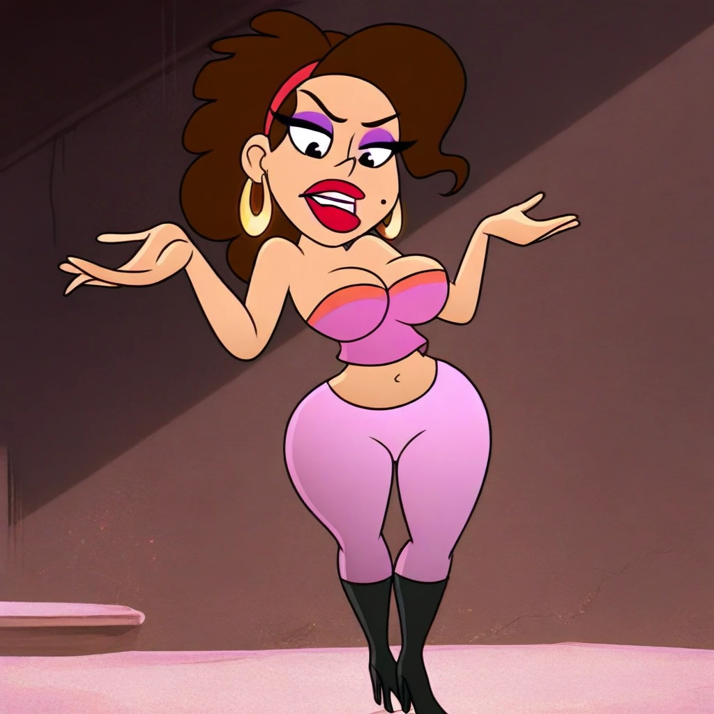 masterpiece, best quality, 1girl, solo, smile, short hair, dark skin, black eyes, double bun, makeup, glasses, lipstick, hands on hips, flat torso, pussy, nude body, spread legs, cartoon proportion, skinny body , ass, anus, bloom back view