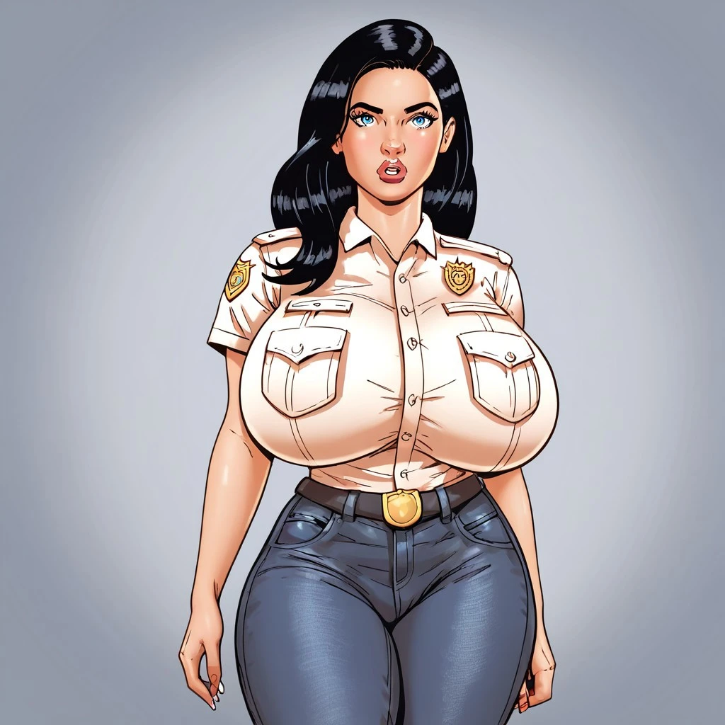 alta qualidade, garota, jovem policial, uniforme policial, abaixo do peito, camisa, Paquerador, sensual, olha para o espectador, City at night in the background, loiro