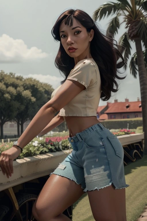 (NaniWaifu:1), surprised, cute, cute pose, looking at viewer, thick thighs, (crop top, shorts, convers:1.2), breast squeeze,
(realistic:1.2), (realism), (masterpiece:1.2), (best quality), (ultra detailed), (8k, 4k, intricate),(full-body-shot:1),(Cowboy-shot:1.2), (85mm),light particles, lighting, (highly detailed:1.2),(detailed face:1.2), (gradients), sfw, colorful,(detailed eyes:1.2),
(detailed ladscape, house, garden, palm tree, woden house:1.2),(detailed background),detailed landscape, (dynamic angle:1.2), (dynamic pose:1.2), (rule of third_composition:1.3), (Line of action:1.2), wide shot, daylight, solo,