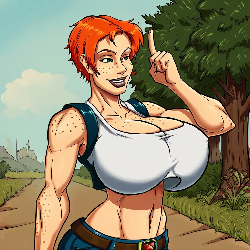 kreyton, green skin, blue eyes, red hair, short hair, orc, muscular, large breasts, scales, white corset, cleavage, midriff, pants, leather elbow gloves, leather thighboots, beautiful sky in background, forest, <lora:kreyton:0.7>, milf, masterpiece, best quality, extreme detail, 8k, image sharpness, (curvy), huge breasts, puffy tits, wide hips, <lora:hips-10:0.6>