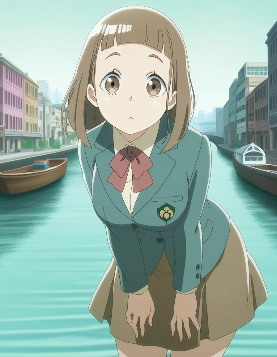 masterpiece, best quality, amazing quality,, <lora:mari-tamaki-s1-illustriousxl-lora-nochekaiser:1>, mari tamaki, tamaki mari, looking at viewer, bangs, brown hair, brown eyes, mature female, medium breasts, anime screencap,, skirt, bow, jacket, blazer,, leaning forward,, canal, water, boats, city, narrow, cowboy shot, solo, looking at viewer,