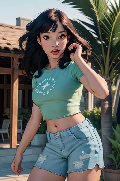 (NaniWaifu:1), surprised, cute, cute pose, looking at viewer, thick thighs, (crop top, shorts, convers:1.2), breast squeeze,
(realistic:1.2), (realism), (masterpiece:1.2), (best quality), (ultra detailed), (8k, 4k, intricate),(full-body-shot:1),(Cowboy-shot:1.2), (85mm),light particles, lighting, (highly detailed:1.2),(detailed face:1.2), (gradients), sfw, colorful,(detailed eyes:1.2),
(detailed ladscape, house, garden, palm tree, woden house:1.2),(detailed background),detailed landscape, (dynamic angle:1.2), (dynamic pose:1.2), (rule of third_composition:1.3), (Line of action:1.2), wide shot, daylight, solo,