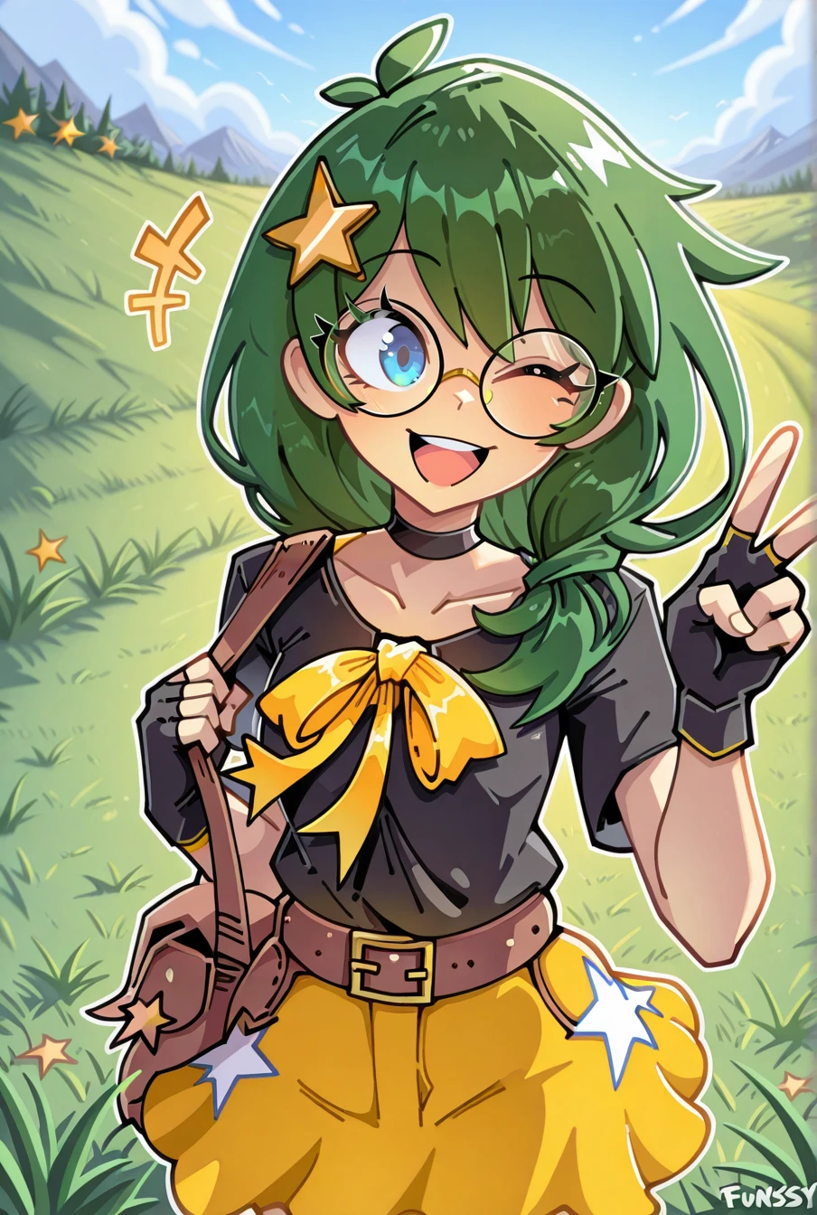 masterpiece, best quality, 1girl, solo,  <lora:Rival_Ivy:1> , rivalivy, green hair, blue eyes, star hair ornament, glasses, black shirt, yellow  ribbon, belt, yellow skirt, fingerless gloves, brown bag, choker,  <lora:Funset:1.2> , Funset, wink, peace sign, outdoors, grass, :D