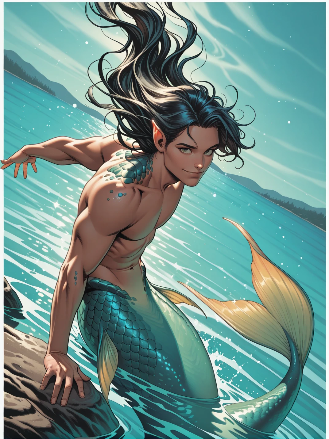 highres, hi res, best quality, masterpiece,
1boy, (MermaidXL, merman:1), long hair, black hair, eyes, smile, topless, muscular male, monster boy, pointy ears, scales,
wide shot,, lake, on water, all fours, from above, leaning forward, looking at viewer, cowboy shot, dynamic pose, smile, cute, navel, from side, front, dutch angle, dynamic angle, cool pose, magic particles, portrait,
<lora:AMermaidFXM_concept:0.7>,, <lora:AJasonFabok_style:0.85>, JasonFaboksXL