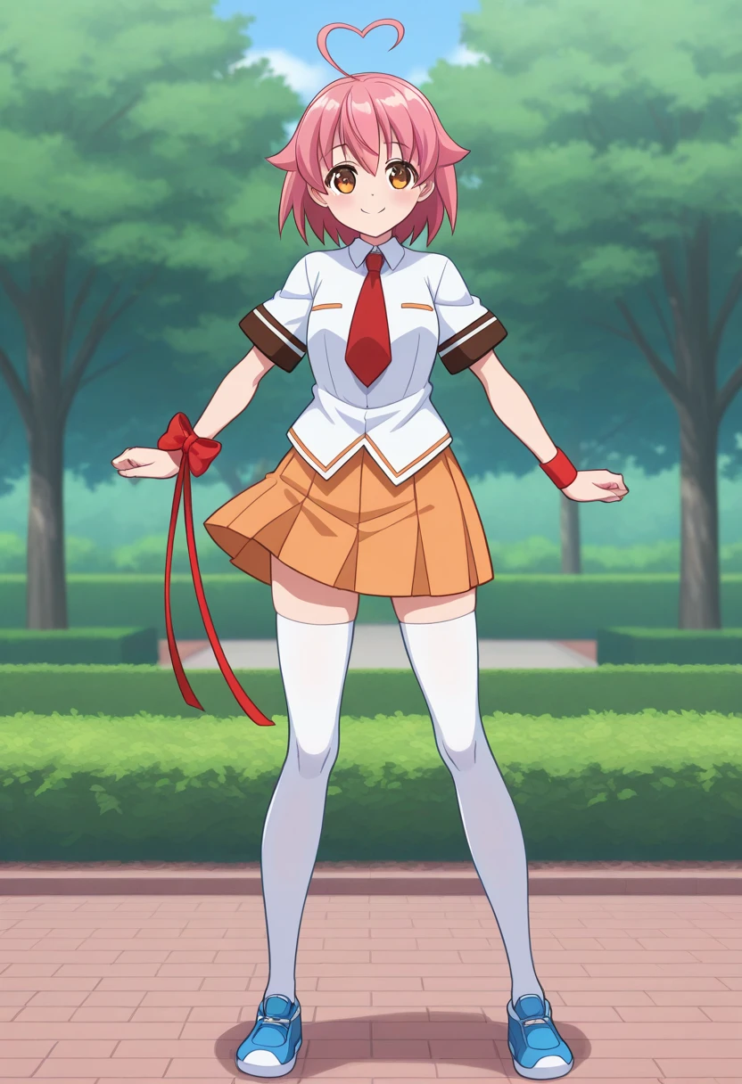 1girl, solo, ainohaato, pink hair, short hair, heart ahoge, brown eyes, shirt, short sleeves, necktie, wrist ribbon, wristband, skirt, school uniform, thighhighs, shoes,, full body, outdoors, park, smile, standing