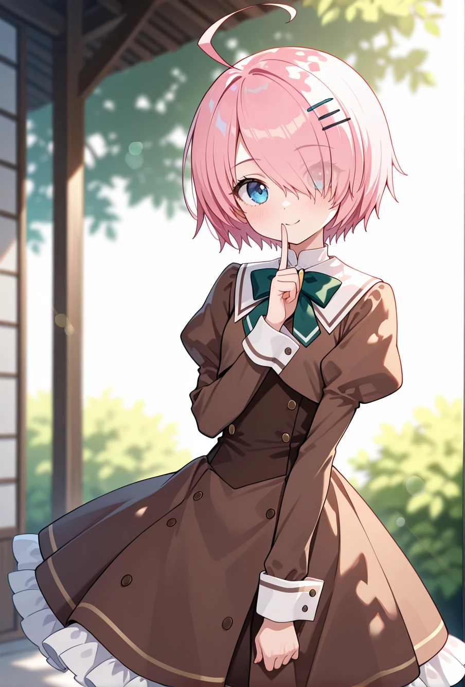 masterpiece, best quality, amazing quality, very aesthetic, newest, absurdres, highres,
1girl, solo,
<lora:ShiraishiNagomiIllustriousV1:1> shiraishinagomidef, pink hair, short hair, blue eyes, hair over one eye, hairclip, ahoge, green bowtie, bowtie, juliet sleeves, sailor collar, brown dress, frilled dress, cropped jacket,
looking at viewer, smile, closed mouth, shushing, hand up,
dappled sunlight, blurry background, lens flare,
<lora:tenmu_illustriousXL:0.5> <lora:Carnelian_illustriousXL_v2:0.6>