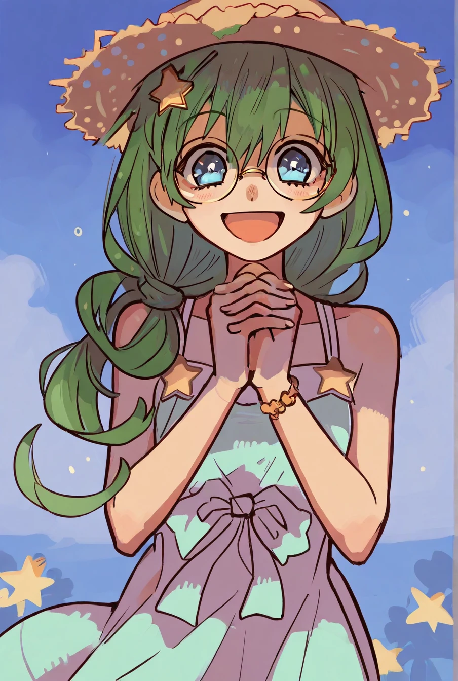 masterpiece, best quality, 1girl, solo,  <lora:Rival_Ivy:1> , rivalivy, green hair, blue eyes, star hair ornament, glasses, sundress, straw hat,  <lora:Aida_Iro:1> , tbhkaida, :D, clasped hands