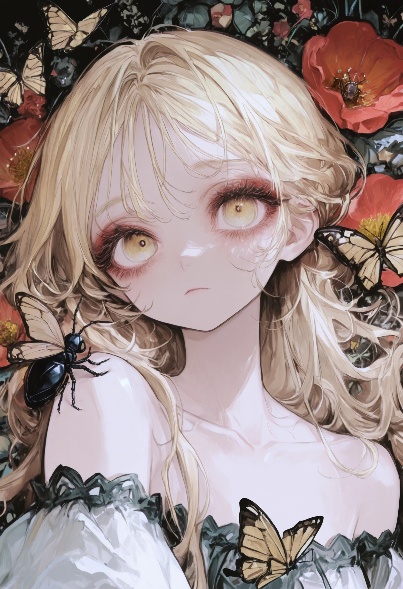 <lora:kota-illustriousXL_v01_V3-CAME>, 1girl, bug, butterfly, solo, yellow butterfly, long hair, looking at viewer, blonde hair, yellow eyes, collarbone, bare shoulders, portrait, flower, dress, closed mouth, red flower, eyelashes, upper body