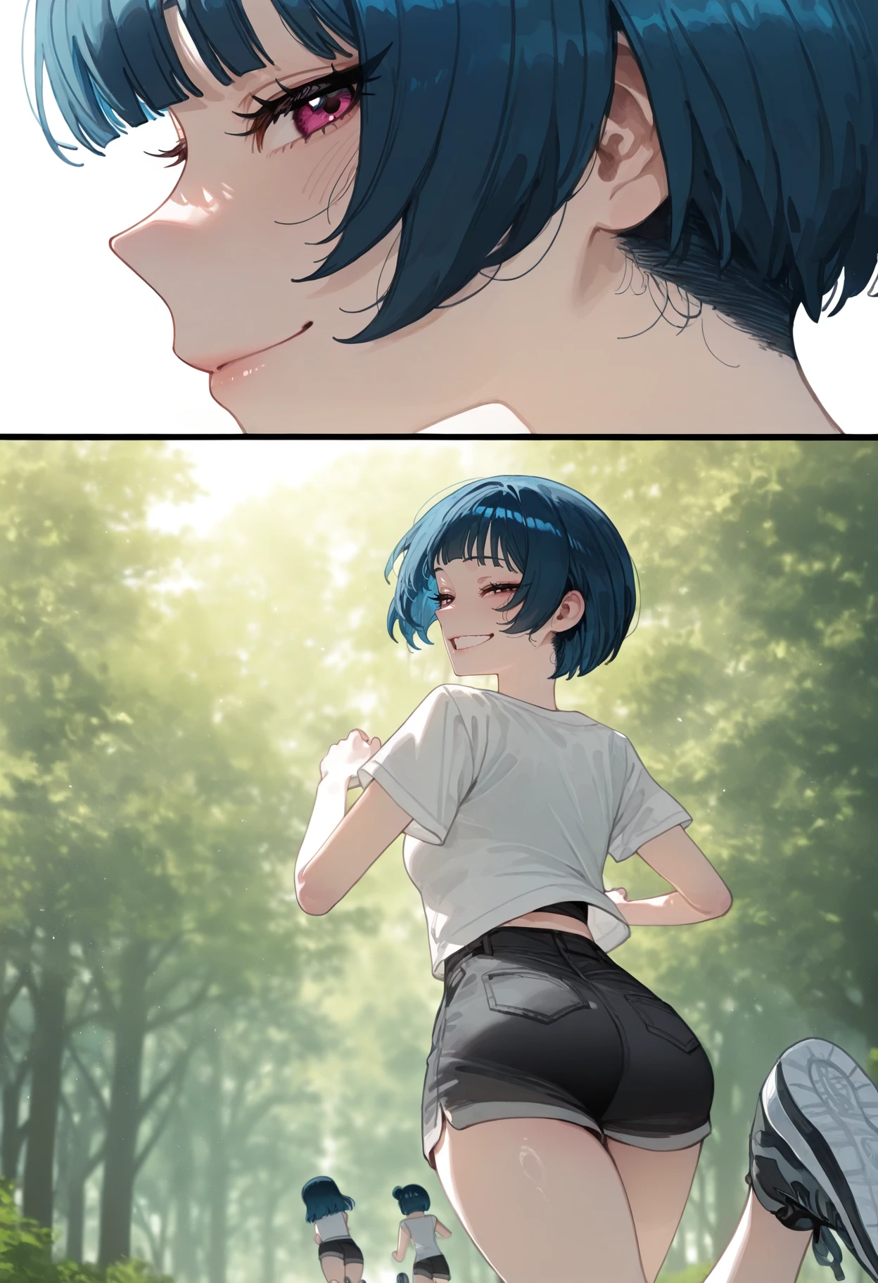tsushima_yoshiko, 1girl, bob haircut, blue hair, casual clothing, shorts, sneakers, running, looking back, smiling, forest clearing, sunlight filtering through trees, calm ambiance, relaxing atmosphere, close-up, 
22D,masterpiece, best quality, amazing quality, very aesthetic, high resolution, ultra-detailed, absurdres, newest,  
<lora:sorrowkun style (22D):1>